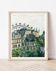 London skyline print of painting by Medjool Studio. Print of original gouache painting of the London skyline, including the London eye and traditional British style buildings.