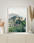 London skyline print of painting by Medjool Studio. Print of original gouache painting of the London skyline, including the London eye and traditional British style buildings.