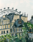 London skyline print of painting by Medjool Studio. Print of original gouache painting of the London skyline, including the London eye and traditional British style buildings.