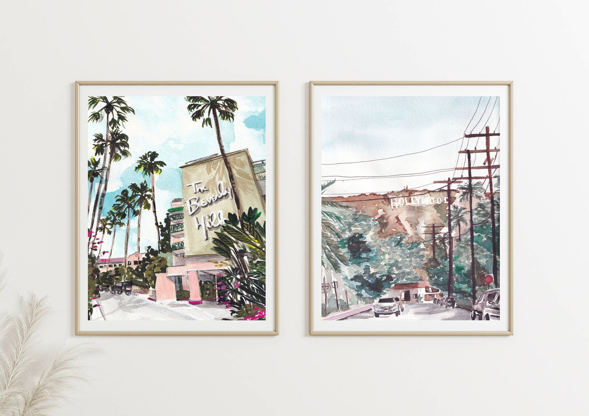Beverly hills hotel print of painting by Medjool Studio. Print of original gouache painting of the Beverly Hills Hotel in Los Angeles California featuring the front of the hotel and palm trees.