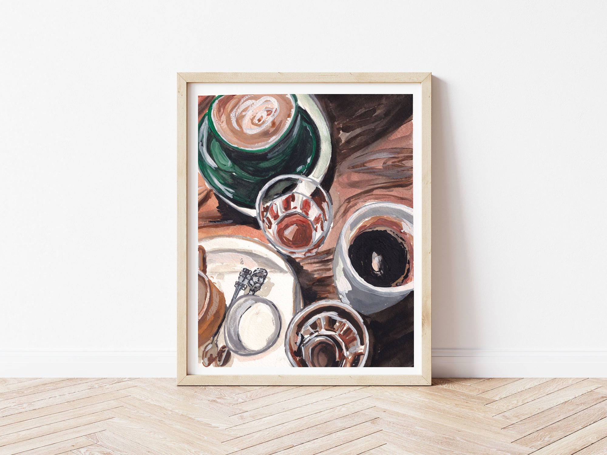 Coffee print of painting by Medjool Studio. Print of original gouache painting of full coffee mugs that captures the essence of coffee's charm.