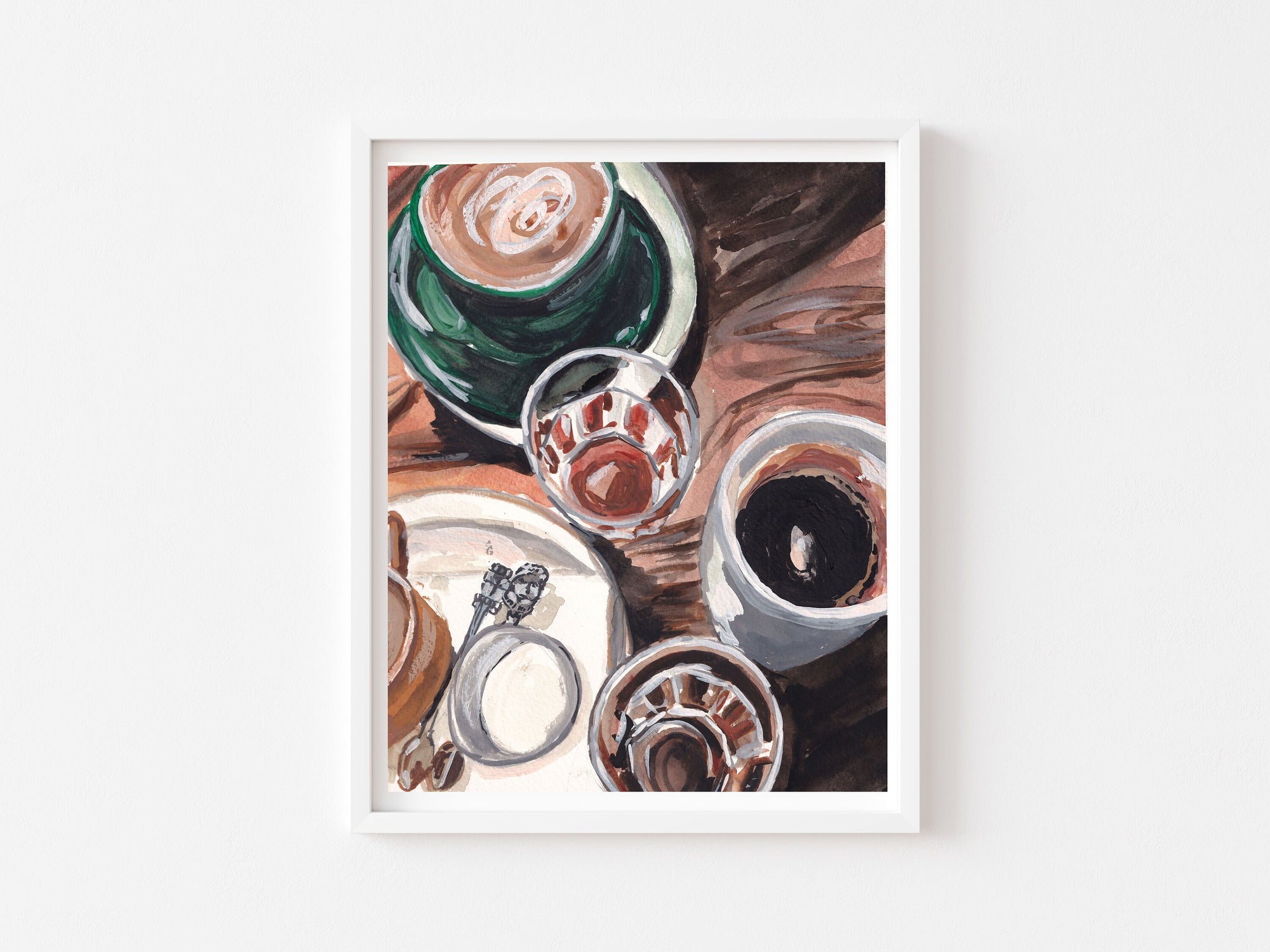 Coffee print of painting by Medjool Studio. Print of original gouache painting of full coffee mugs that captures the essence of coffee's charm.