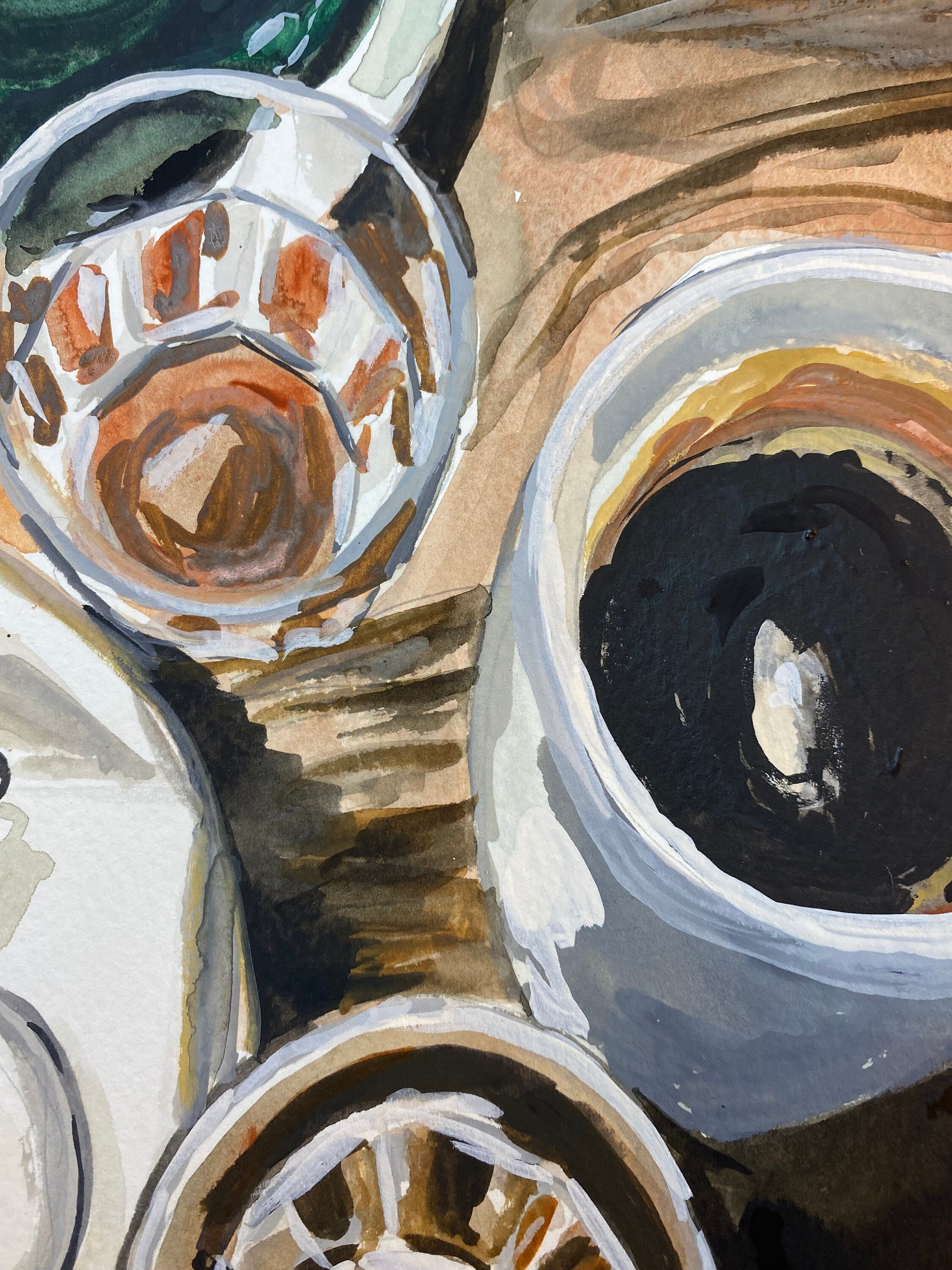 Coffee print of painting by Medjool Studio. Print of original gouache painting of full coffee mugs that captures the essence of coffee's charm.