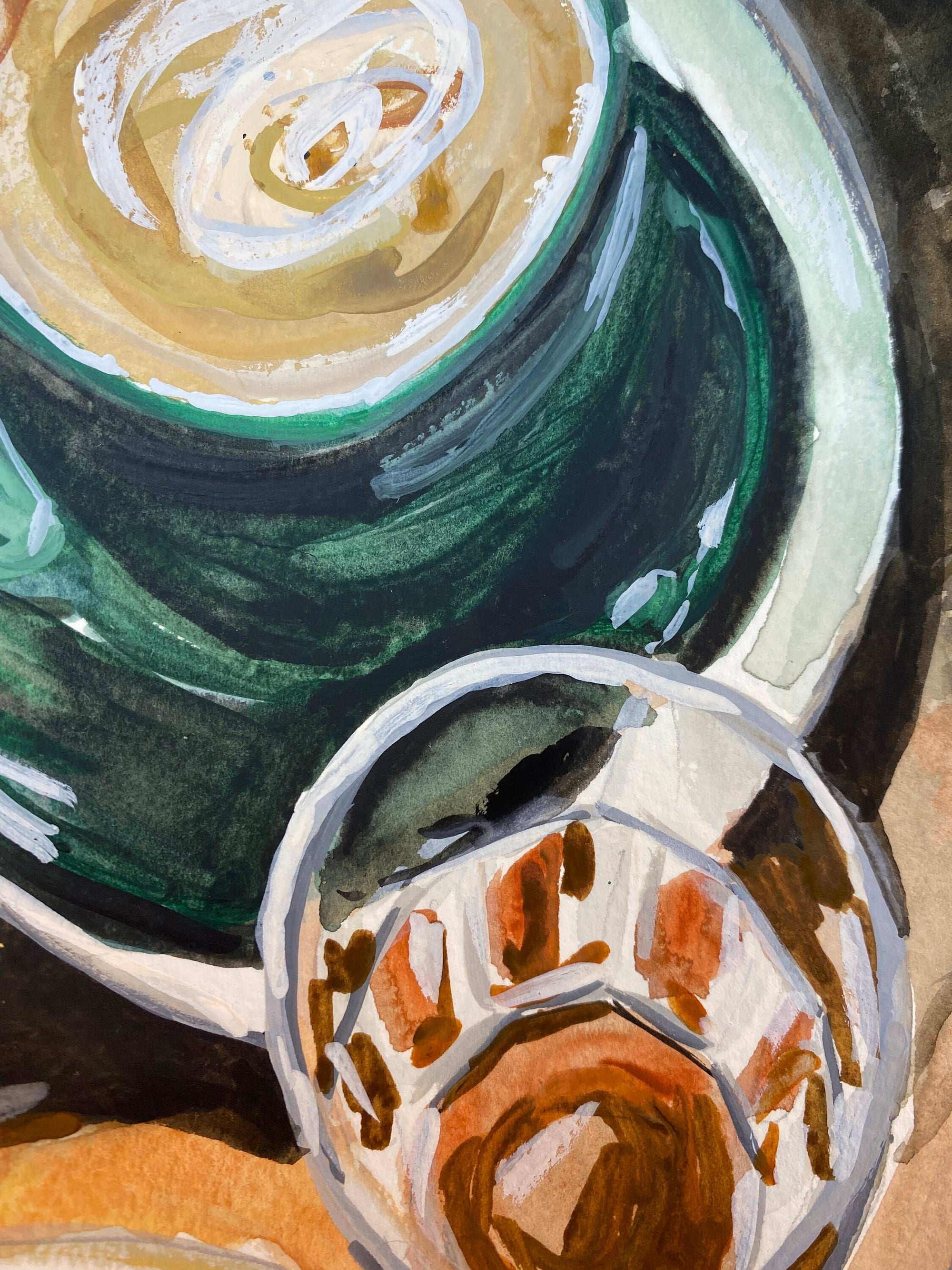 Coffee print of painting by Medjool Studio. Print of original gouache painting of full coffee mugs that captures the essence of coffee&#39;s charm.