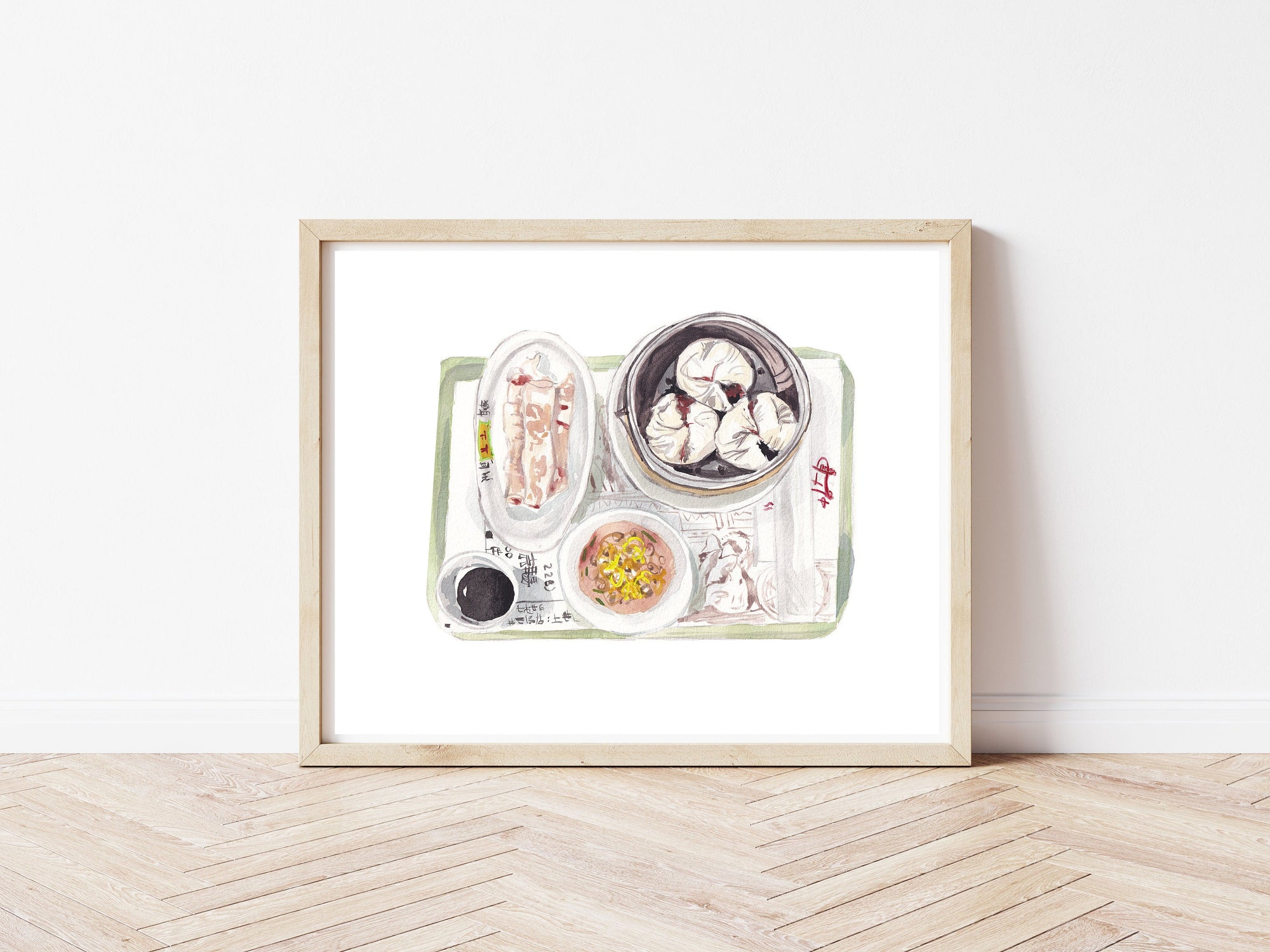 Dim sum print of painting by Medjool Studio. Print of a watercolor painting of a dim sum meal at the Hong Kong International Airport including traditional noodles and dumplings.