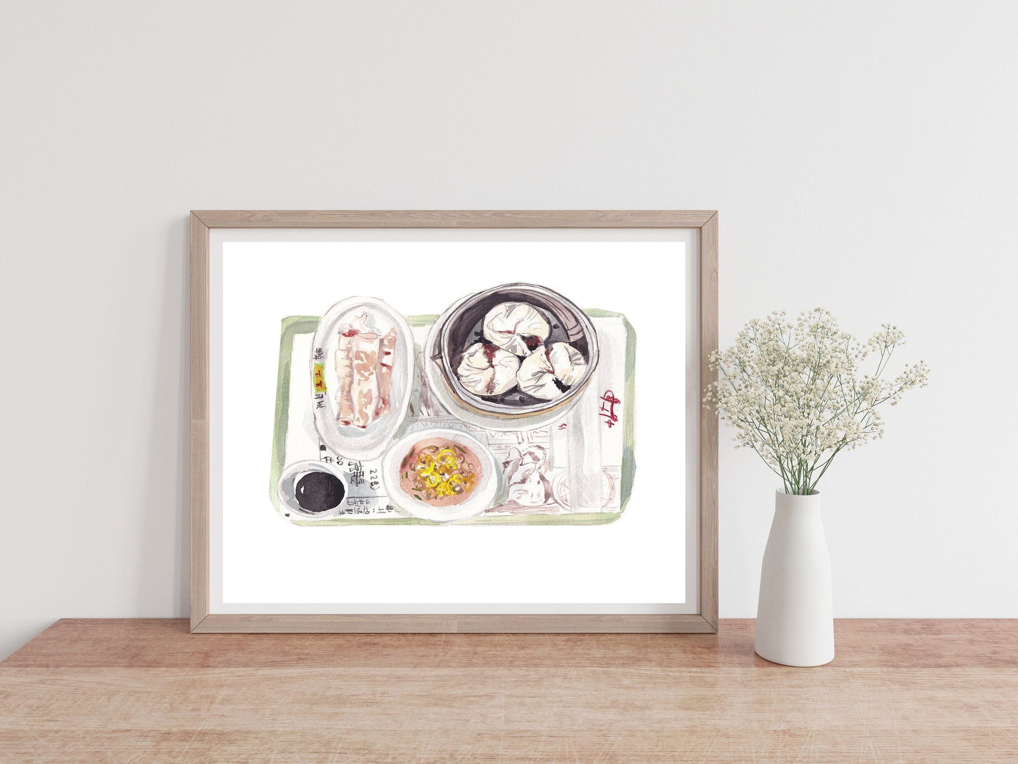 Dim sum print of painting by Medjool Studio. Print of a watercolor painting of a dim sum meal at the Hong Kong International Airport including traditional noodles and dumplings.