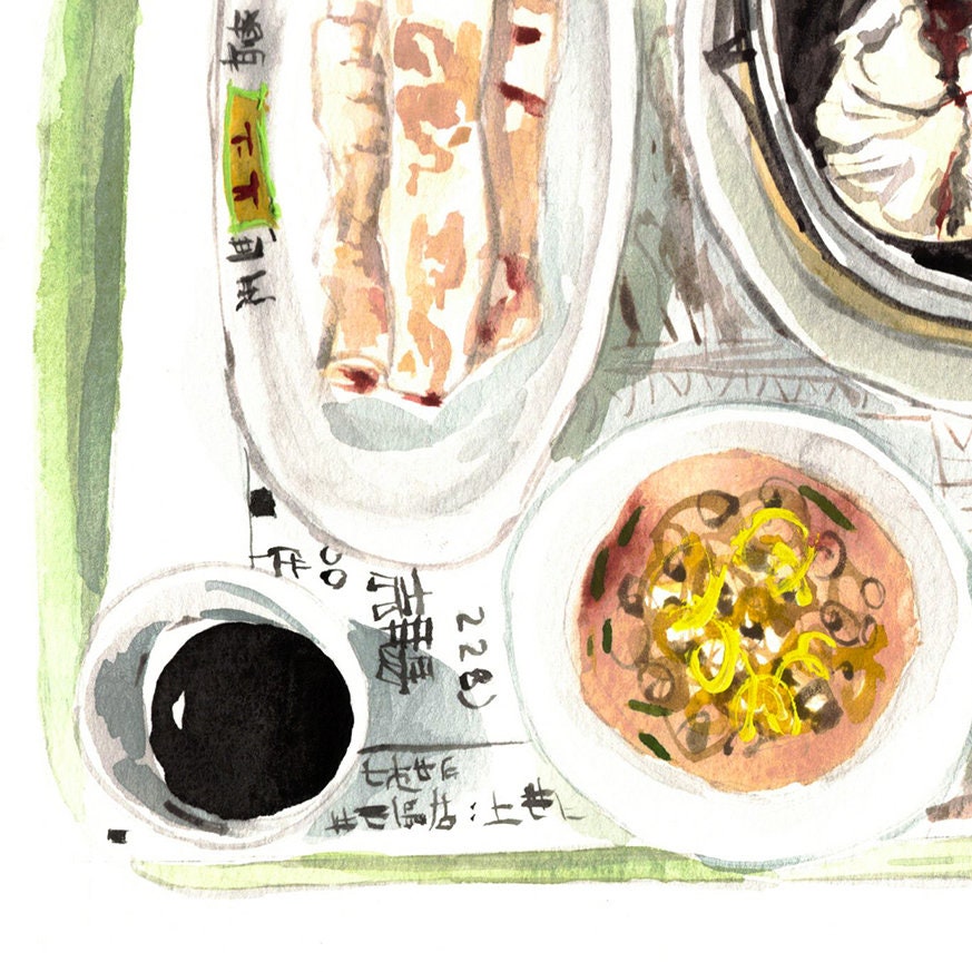 Dim sum print of painting by Medjool Studio. Print of a watercolor painting of a dim sum meal at the Hong Kong International Airport including traditional noodles and dumplings.