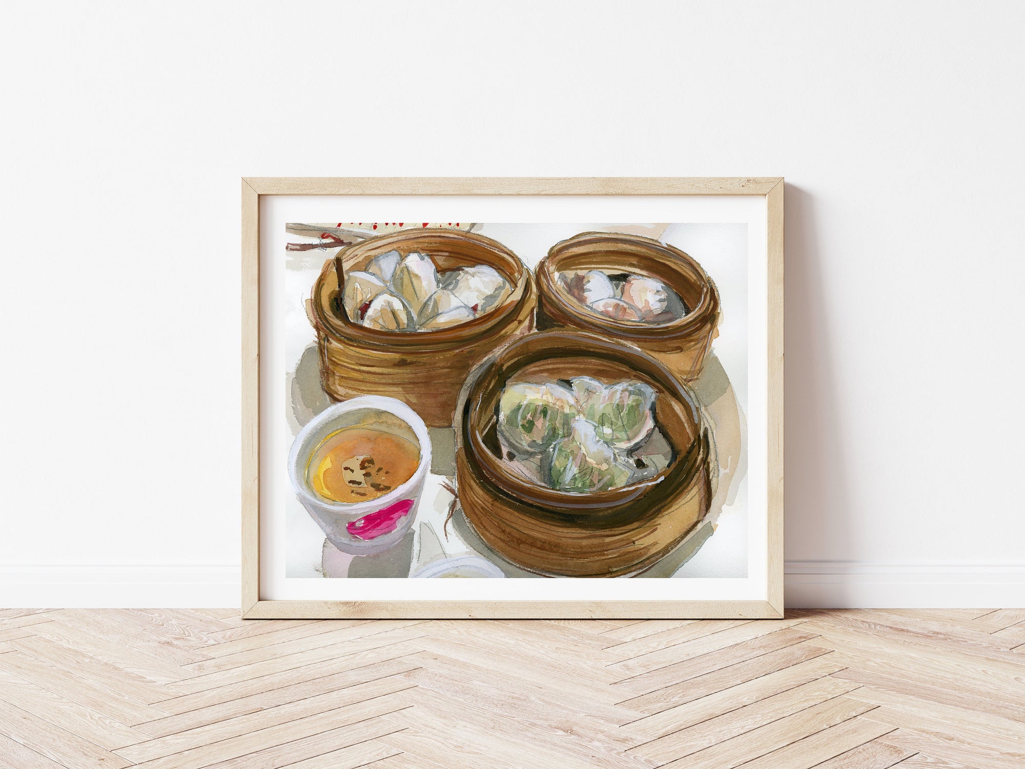 Dim sum sketch print of painting by Medjool Studio. Print of original gouache painting with bold colours showing a Hong Kong breakfast including a noodle bowl, toast and Hong Kong milk tea.
