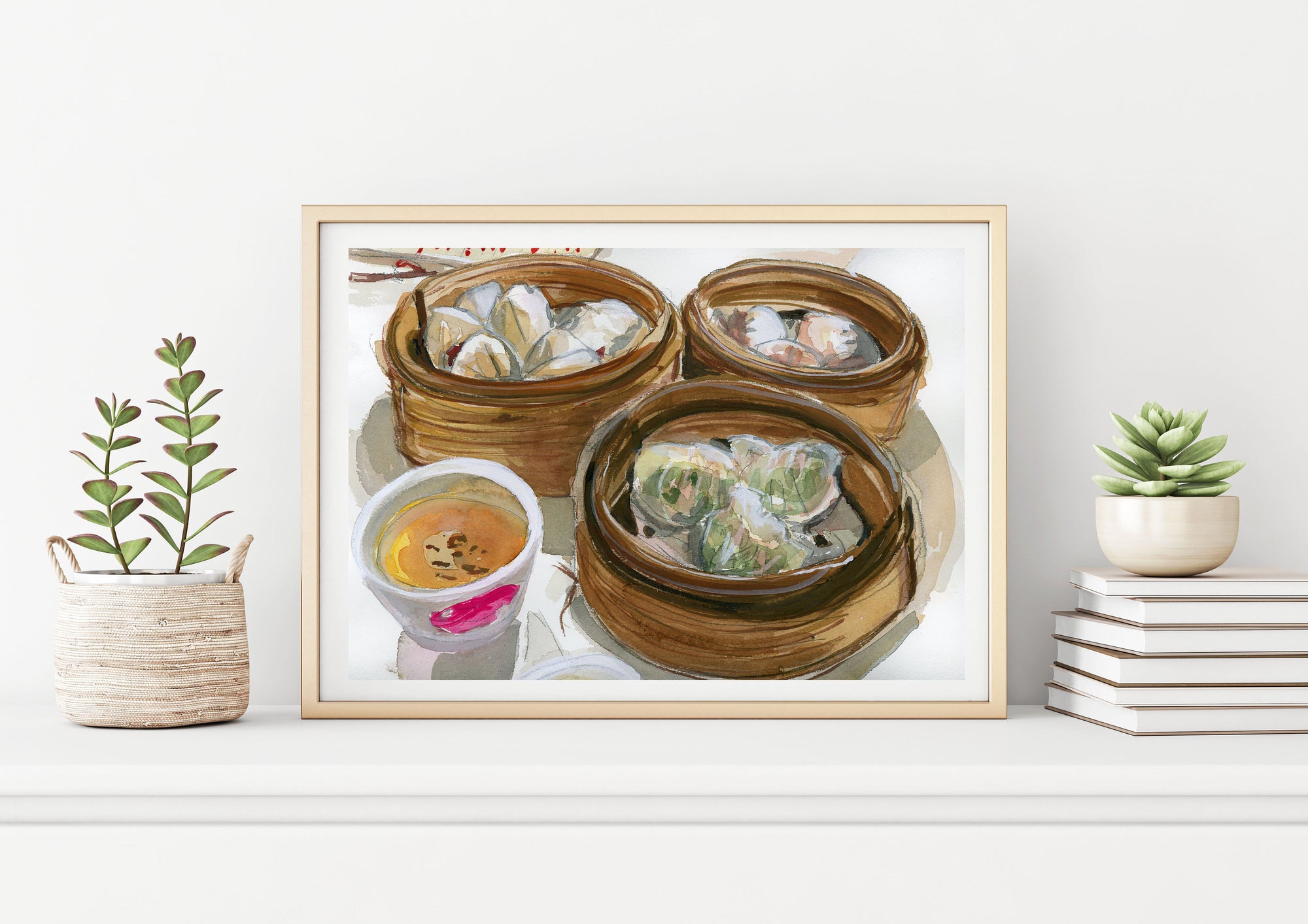 Dim sum sketch print of painting by Medjool Studio. Print of original gouache painting with bold colours showing a Hong Kong breakfast including a noodle bowl, toast and Hong Kong milk tea.