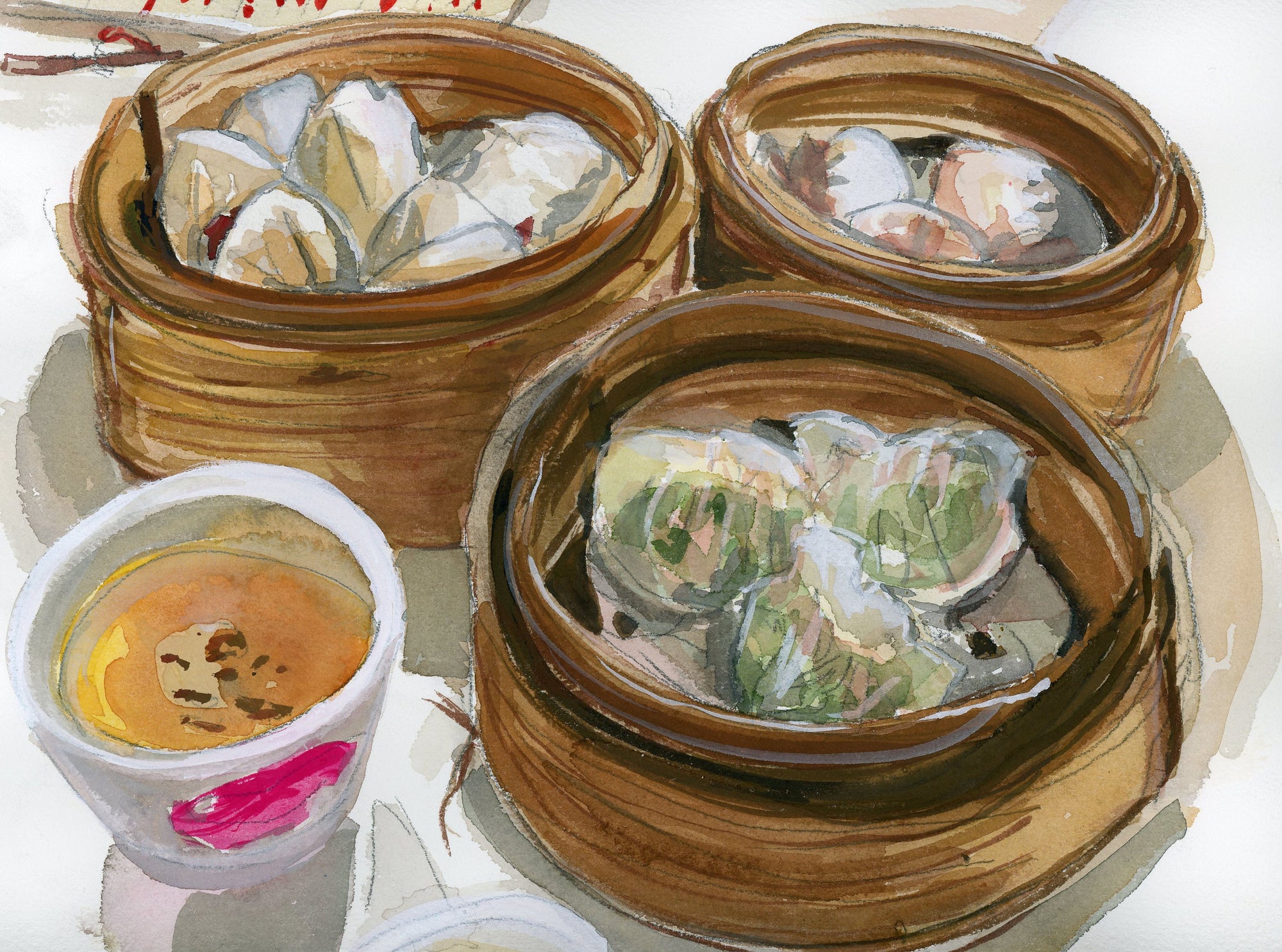 Dim sum sketch print of painting by Medjool Studio. Print of original gouache painting with bold colours showing a Hong Kong breakfast including a noodle bowl, toast and Hong Kong milk tea.