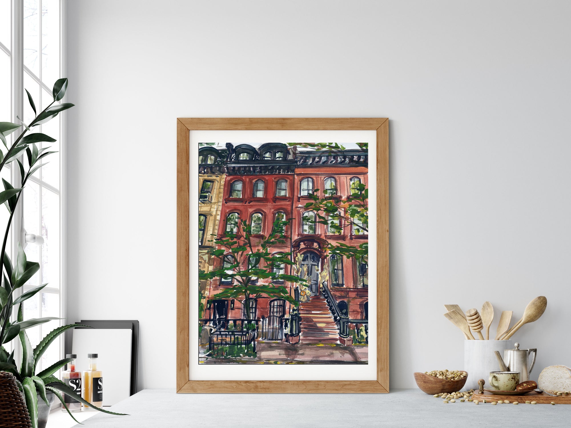 Dream Home - NYC print of painting by Medjool Studio. Print of original gouache painting captivating the timeless beauty of a classic NYC brownstone in the Upper East Side.