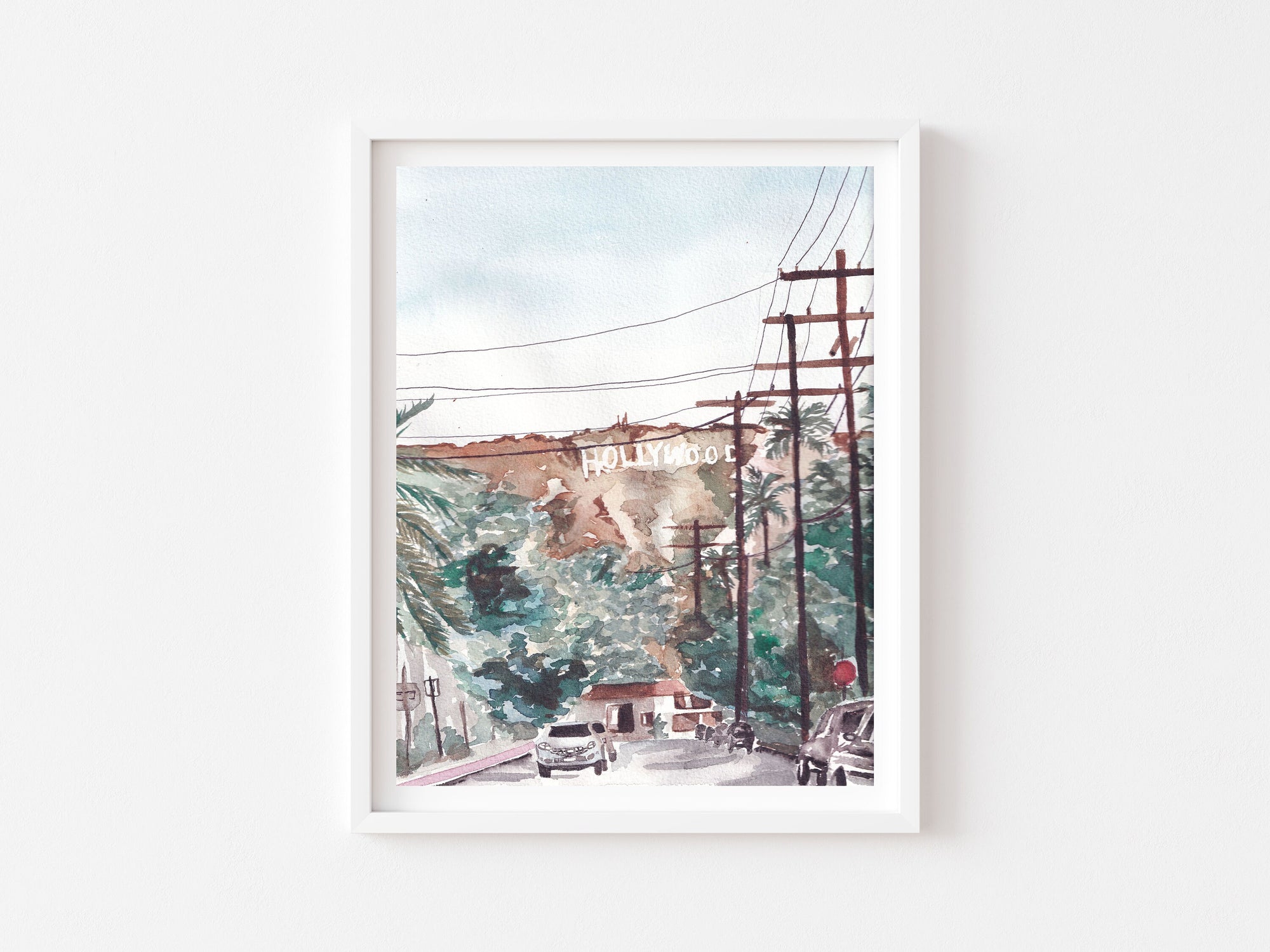 Hollywood sign print of painting by Medjool Studio. Watercolor print of the Hollywood Sign in Los Angeles. View is as if you are headed to Runyan Canyon and walking just off Franklin Ave.
