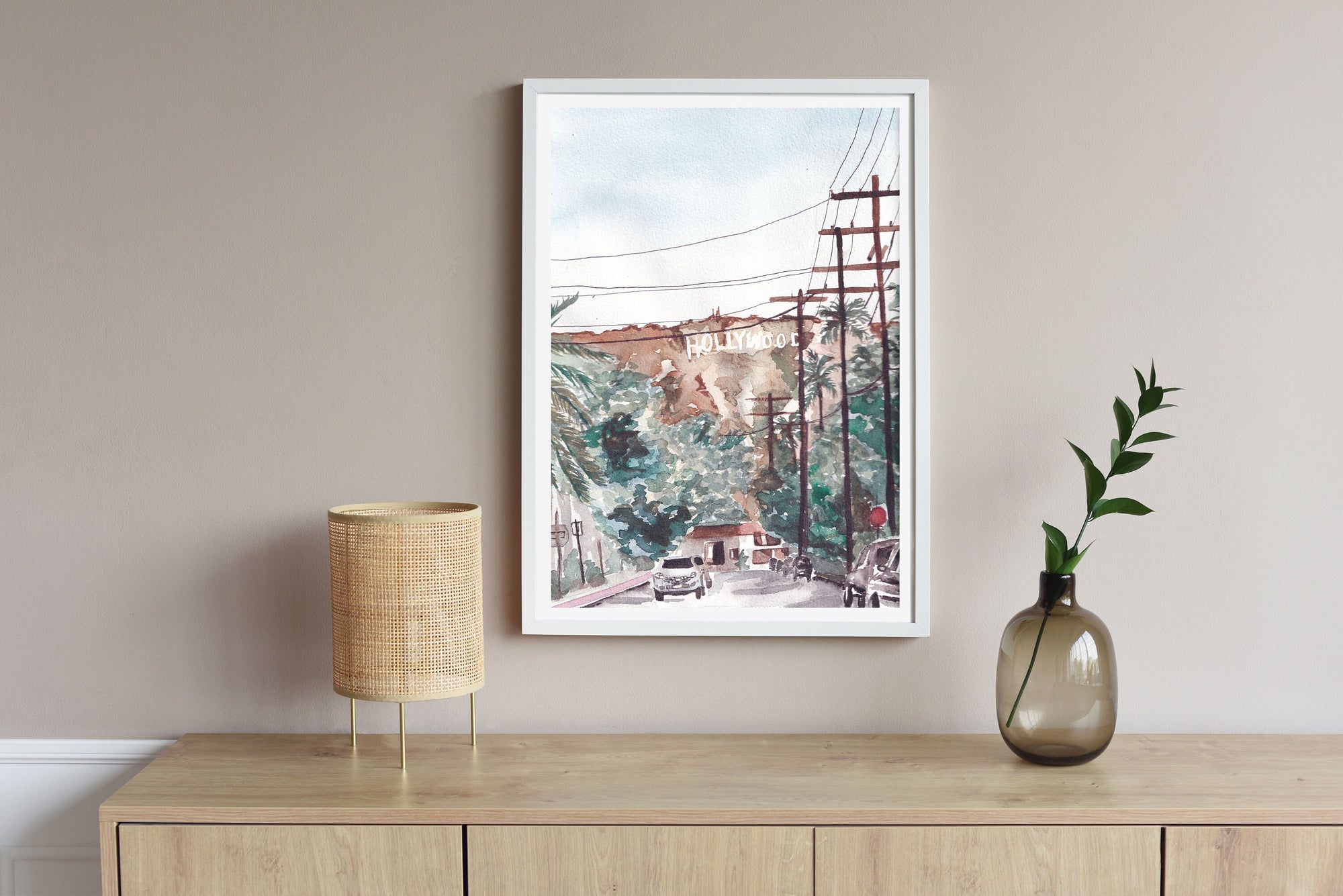 Hollywood sign print of painting by Medjool Studio. Watercolor print of the Hollywood Sign in Los Angeles. View is as if you are headed to Runyan Canyon and walking just off Franklin Ave.