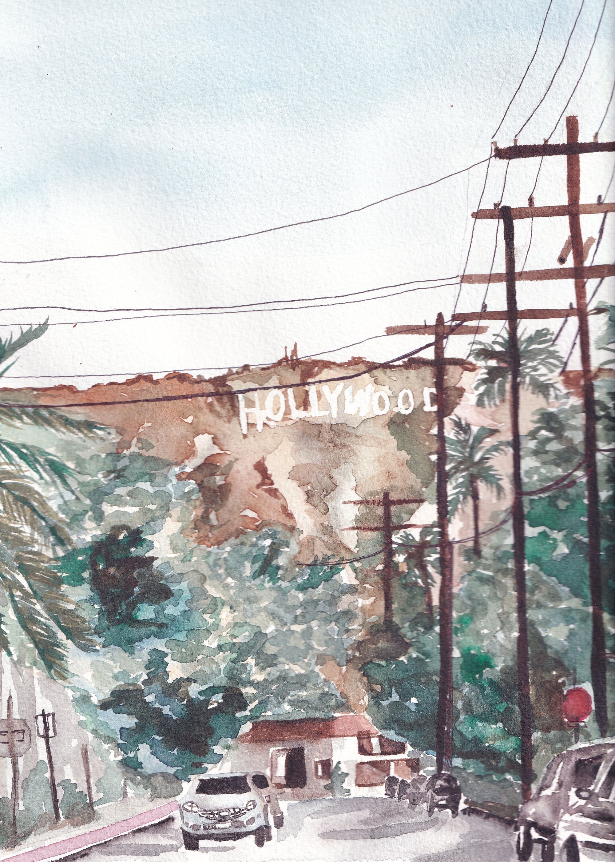 Hollywood sign print of painting by Medjool Studio. Watercolor print of the Hollywood Sign in Los Angeles. View is as if you are headed to Runyan Canyon and walking just off Franklin Ave.