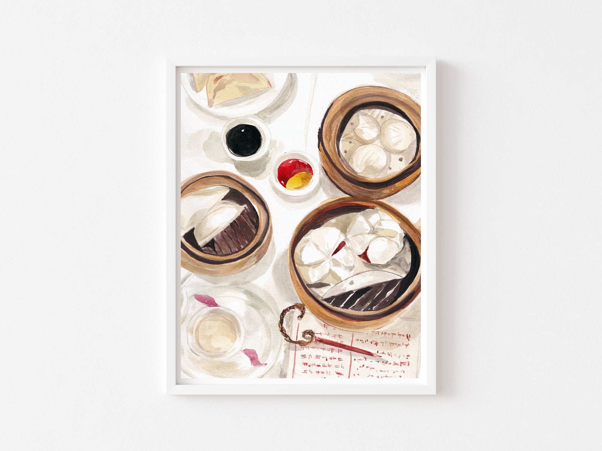 Hong Kong dim sum print of painting by Medjool Studio. Print of original gouache painting of a dim sum meal at Luk Yu Tea House in Hong Kong featuring various different kinds of dumplings.