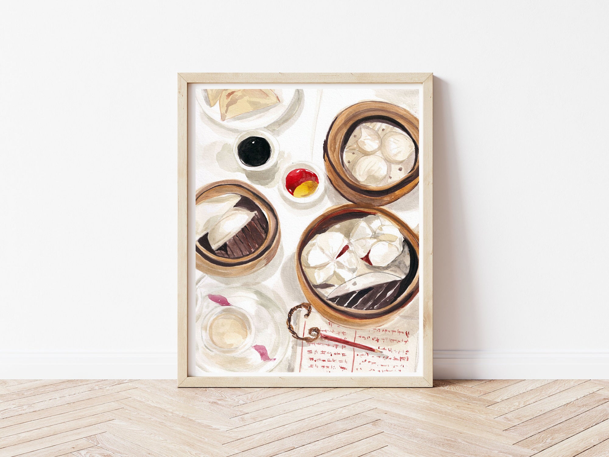 Hong Kong dim sum print of painting by Medjool Studio. Print of original gouache painting of a dim sum meal at Luk Yu Tea House in Hong Kong featuring various different kinds of dumplings.
