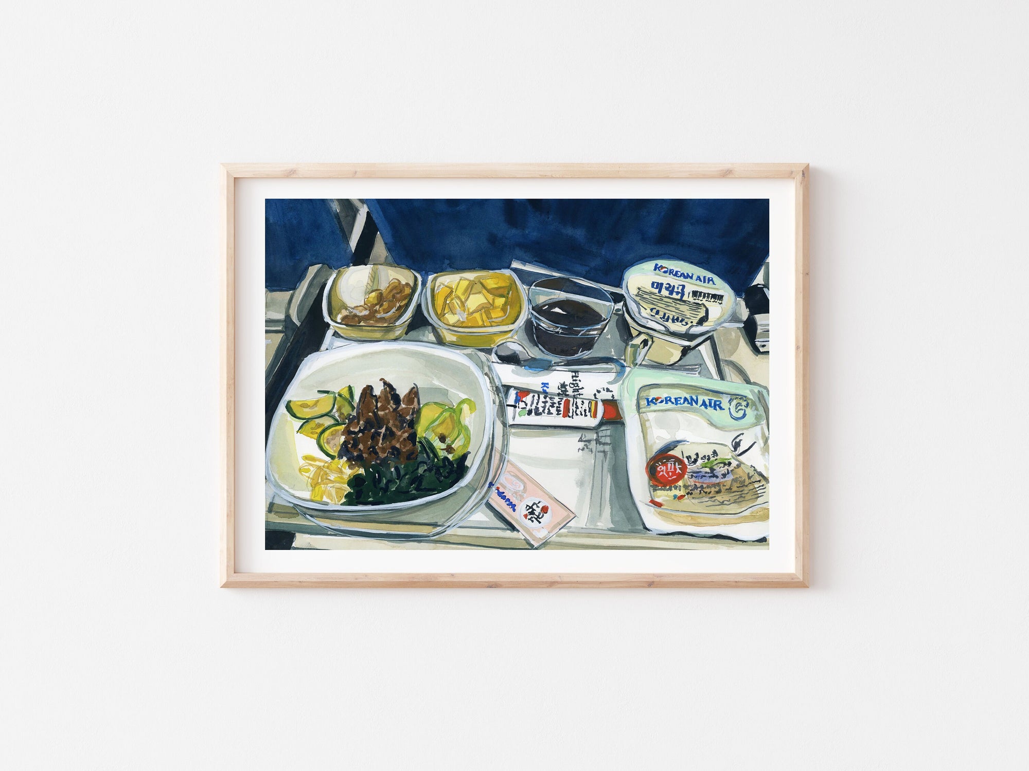 Korean air meal print of painting by Medjool Studio. Print of original gouache painting featuring a Korean Air airplane meal.