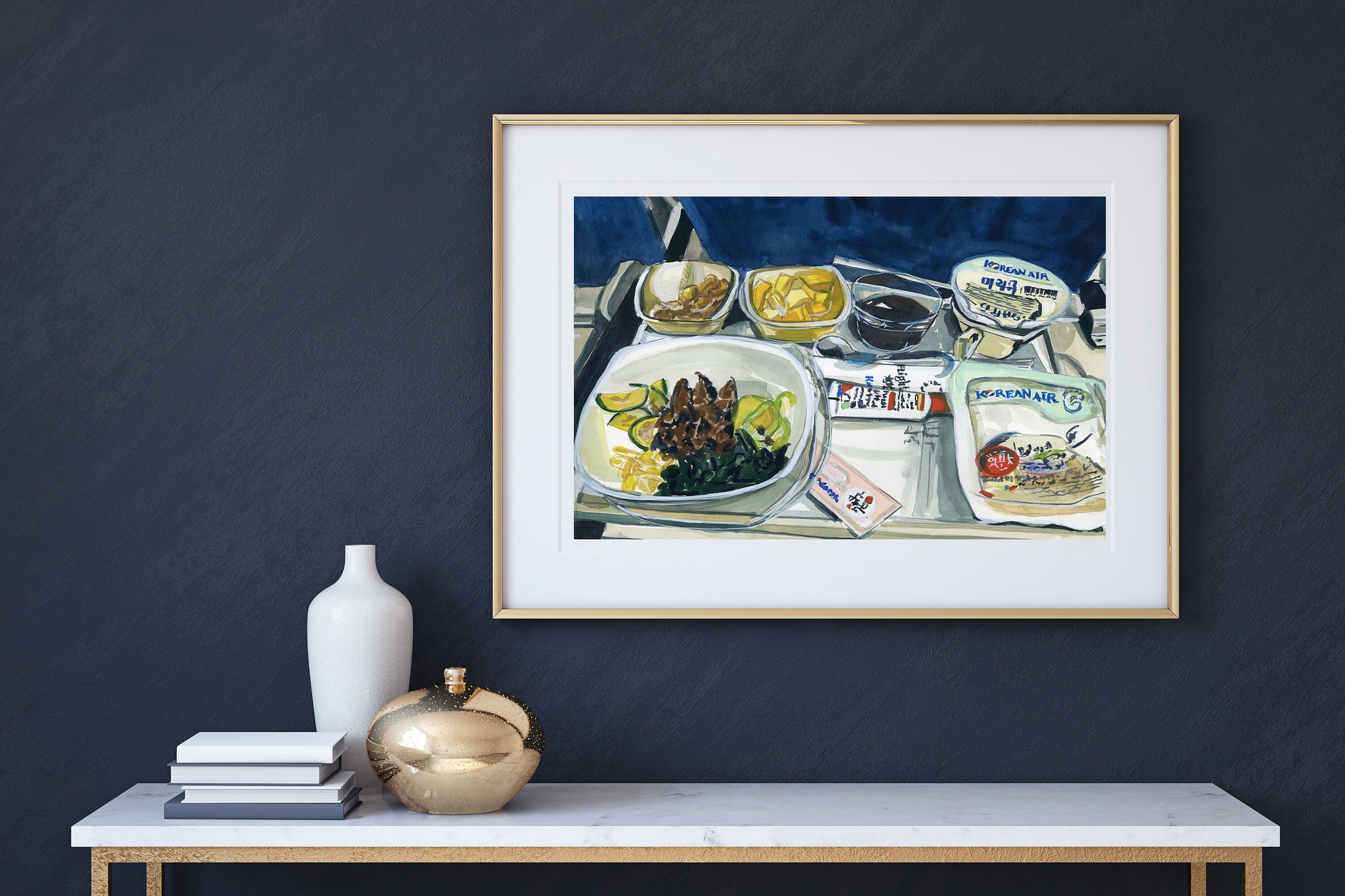 Korean air meal print of painting by Medjool Studio. Print of original gouache painting featuring a Korean Air airplane meal.