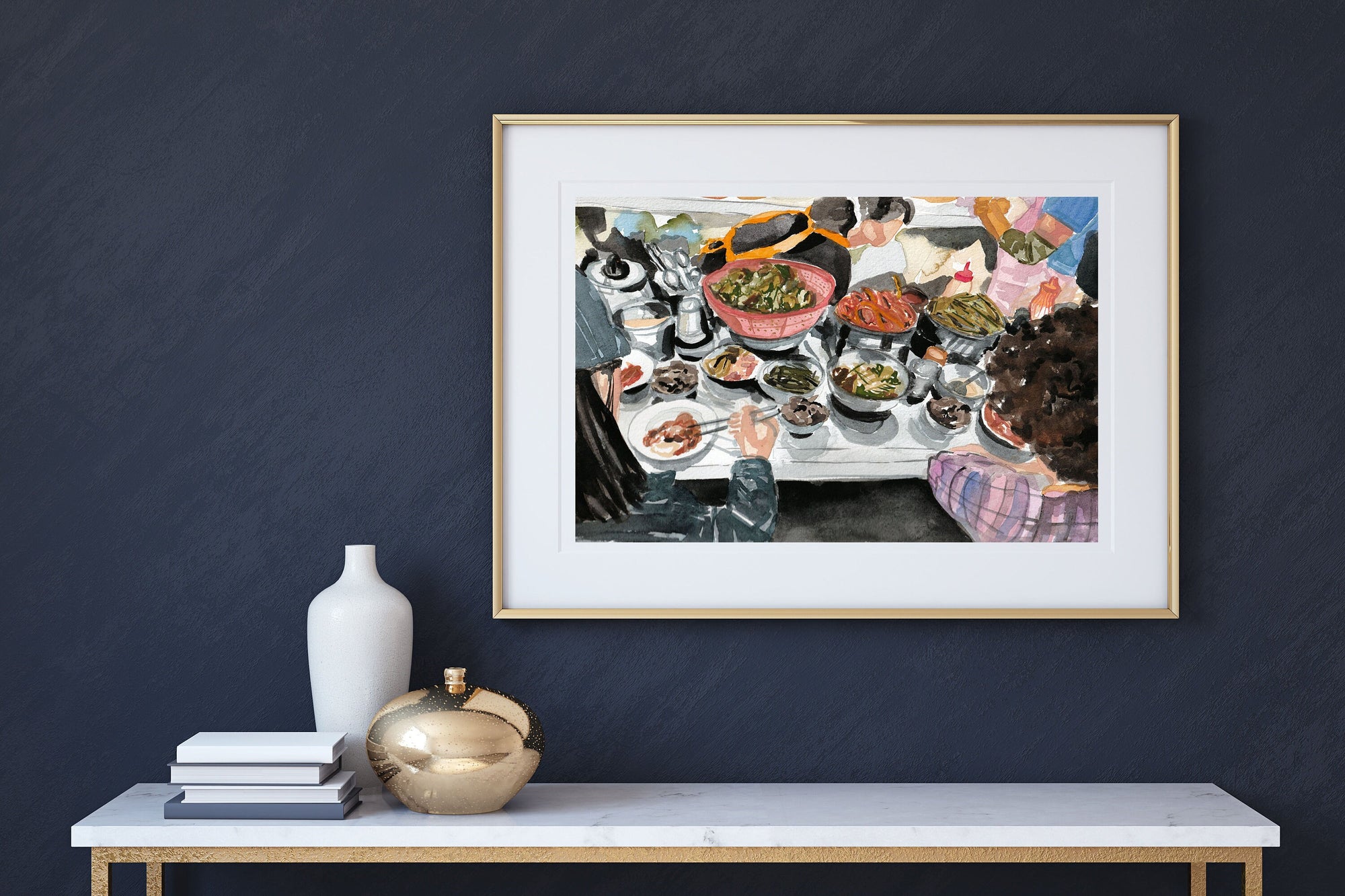 Korean street food - back of heads print of painting by Medjool Studio.  Print of original gouache painting featuring a scene from a food market in Korea. Shows the view from behind a couple overlooking a table full of different street foods.