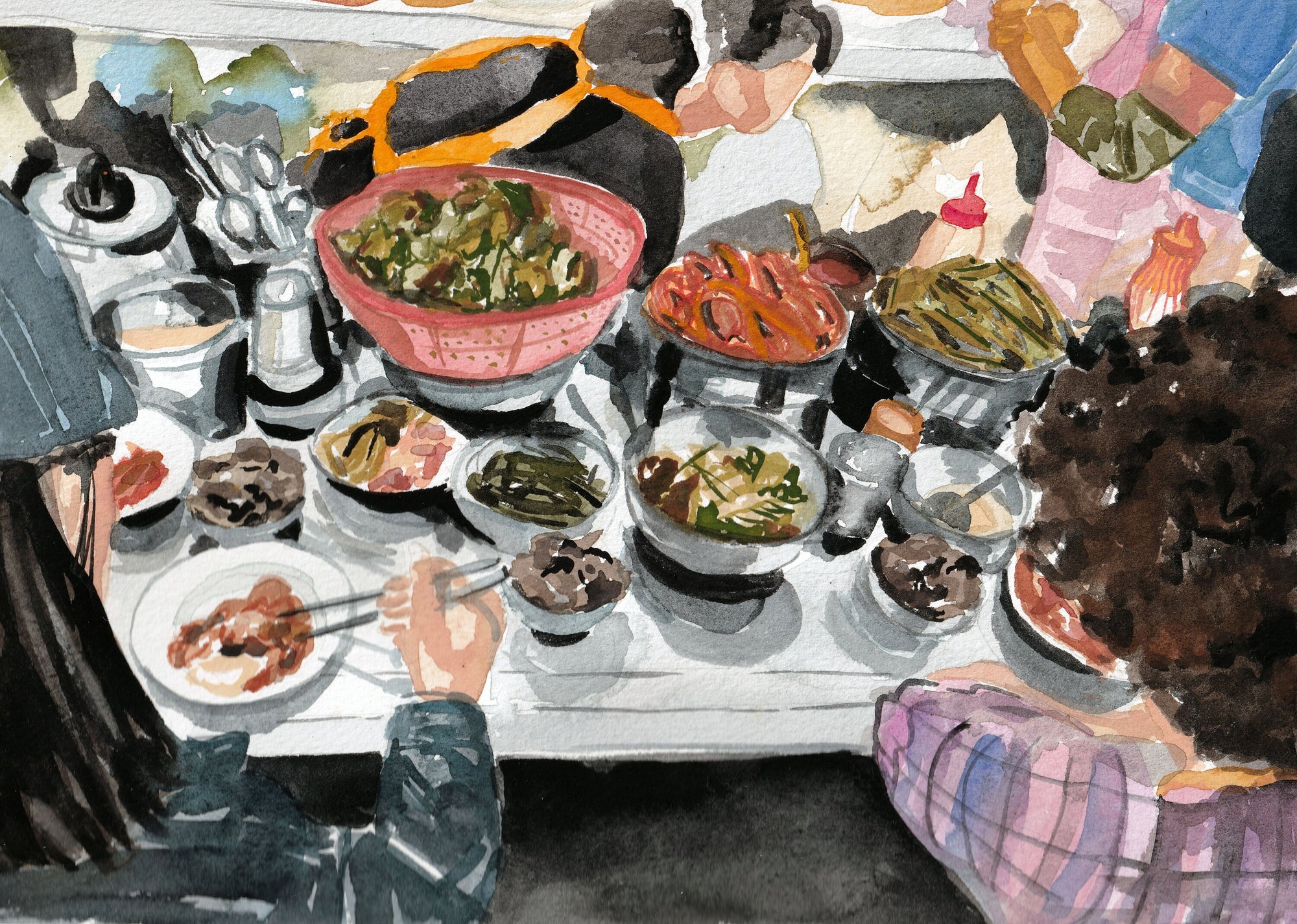 Korean street food - back of heads print of painting by Medjool Studio.  Print of original gouache painting featuring a scene from a food market in Korea. Shows the view from behind a couple overlooking a table full of different street foods.