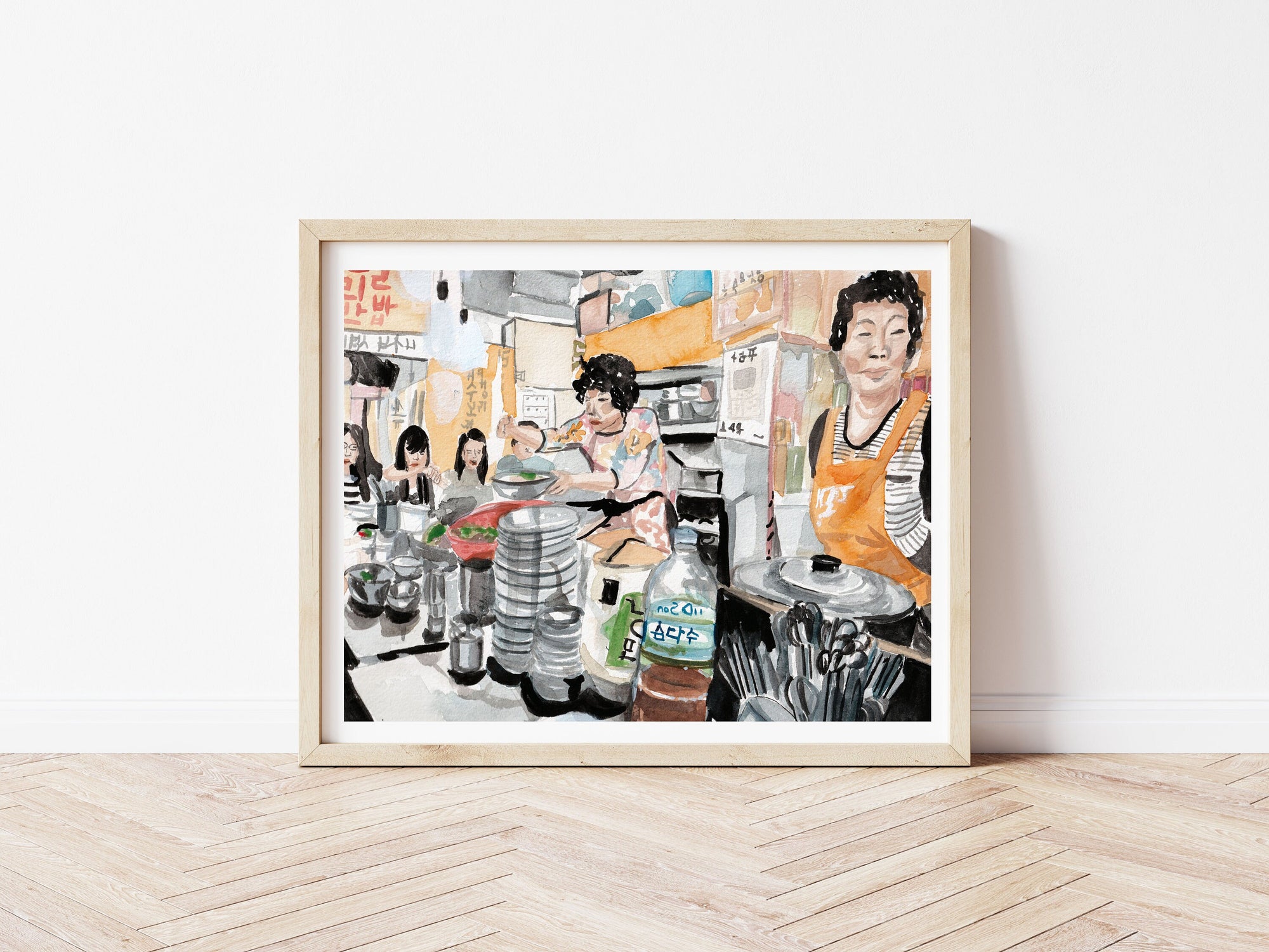 Korean street food - orange apron print of painting by Medjool Studio.  Print of original gouache painting featuring a scene of people gathered around a table and being served by someone in an orange apron.