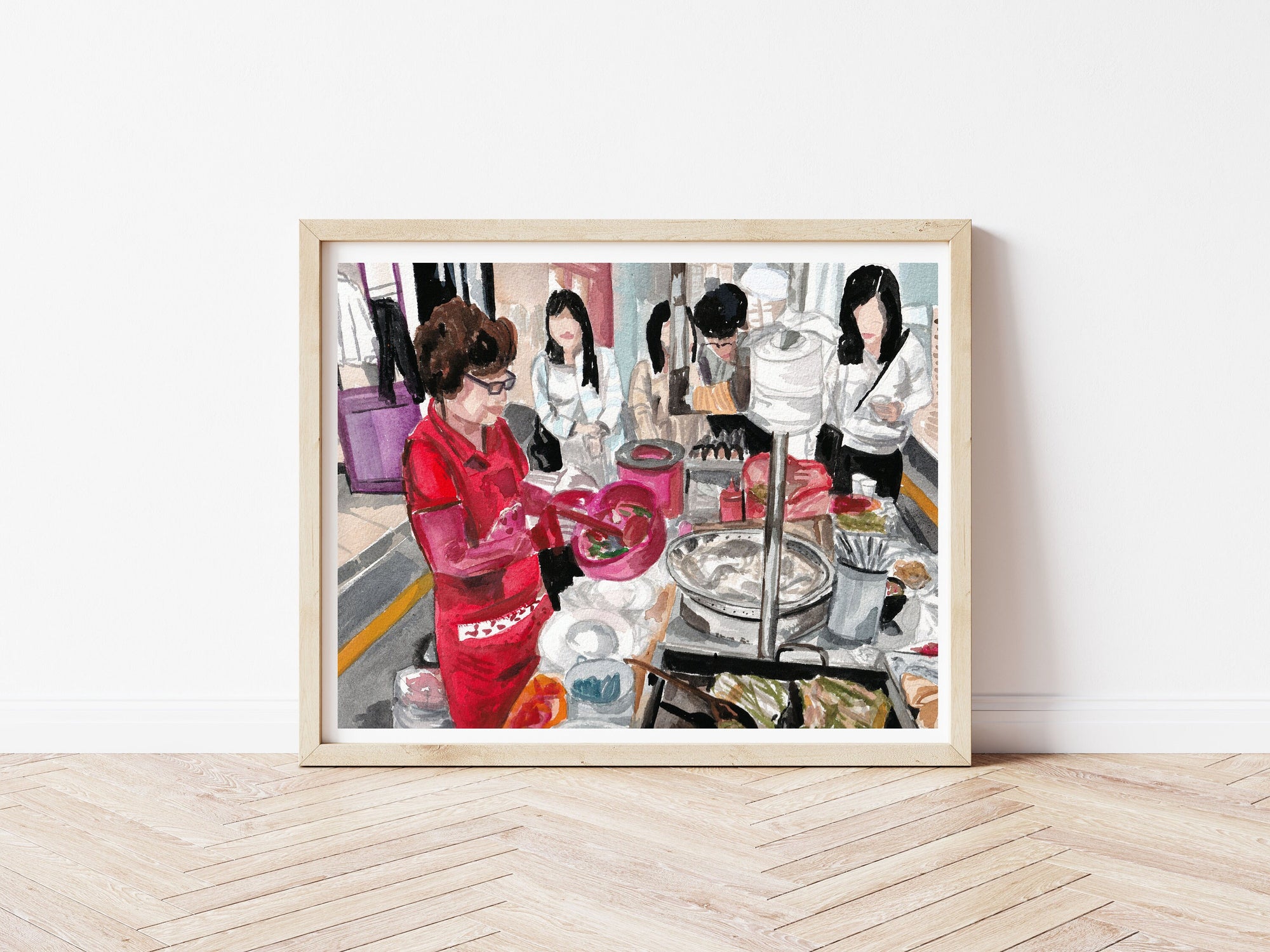 Korean street food - red apron print of painting by Medjool Studio.  Print of original gouache painting featuring a scene from a Korean Street Food Market in Seoul, South Korea.