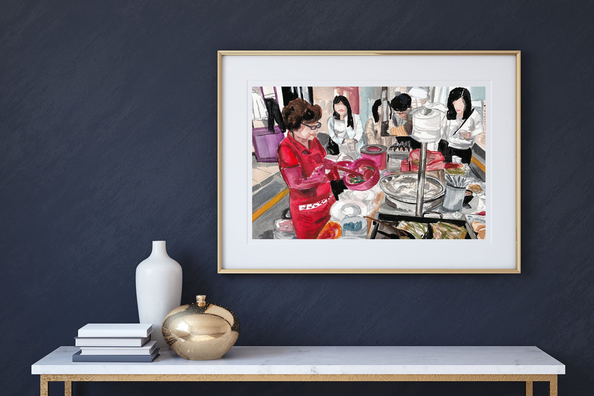 Korean street food - red apron print of painting by Medjool Studio.  Print of original gouache painting featuring a scene from a Korean Street Food Market in Seoul, South Korea.