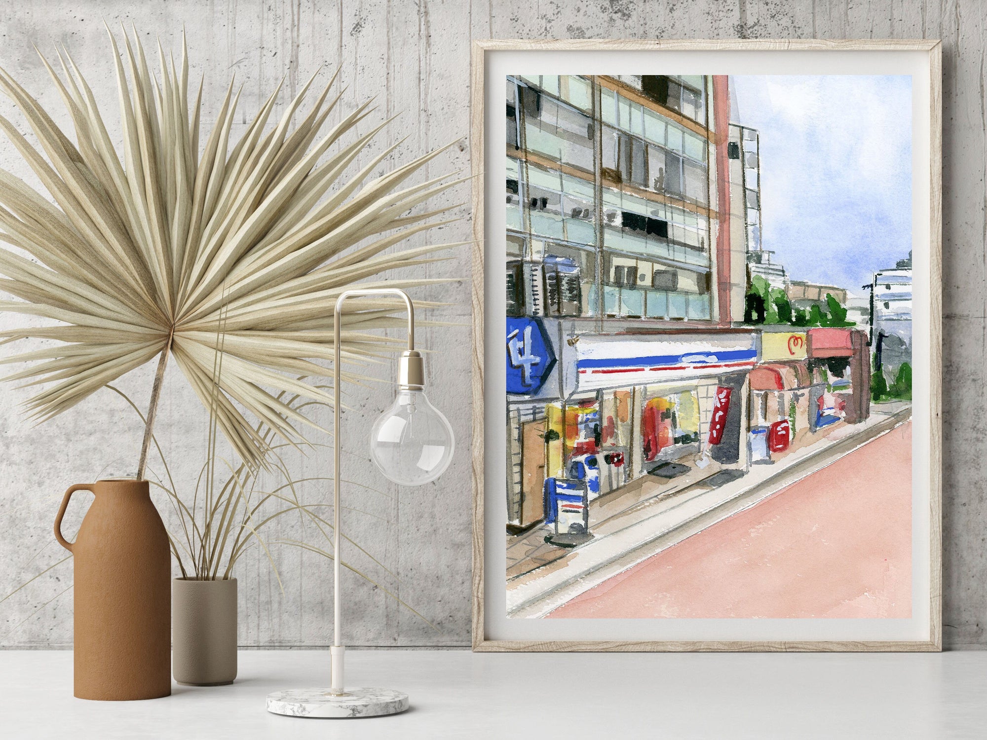 Lawsons, Japan print of painting by Medjool Studio. Print of original gouache painting of a Tokyo street view of a Lawsons supermarket and apartment building in Tokyo, Japan.