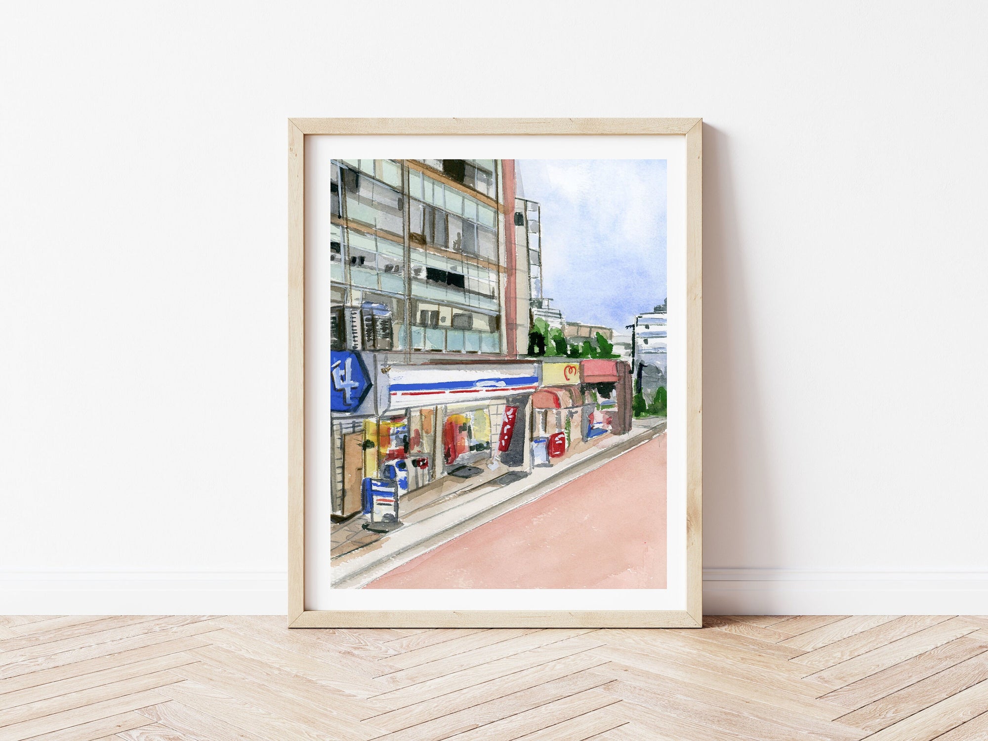 Lawsons, Japan print of painting by Medjool Studio. Print of original gouache painting of a Tokyo street view of a Lawsons supermarket and apartment building in Tokyo, Japan.
