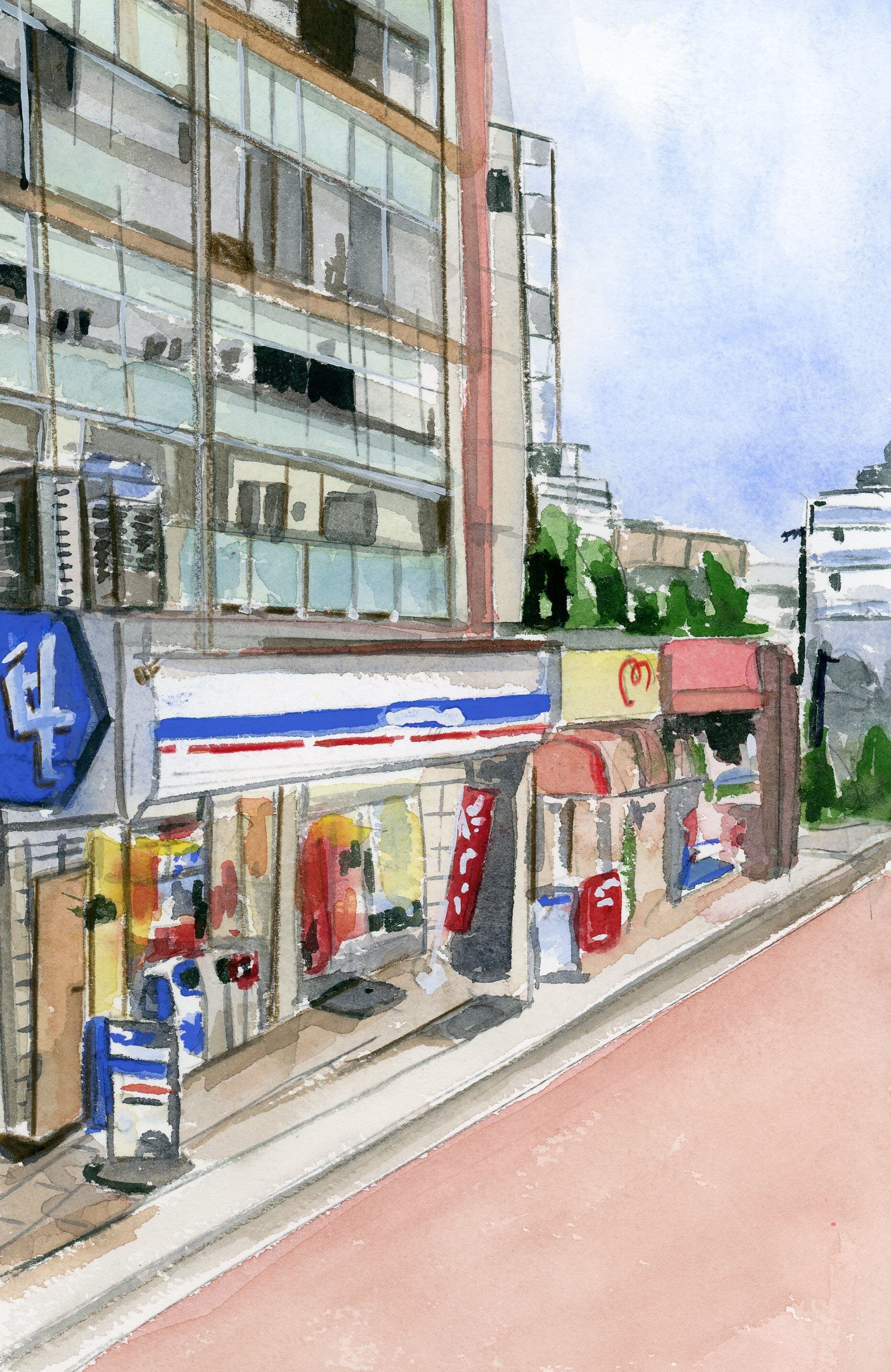 Lawsons, Japan print of painting by Medjool Studio. Print of original gouache painting of a Tokyo street view of a Lawsons supermarket and apartment building in Tokyo, Japan.