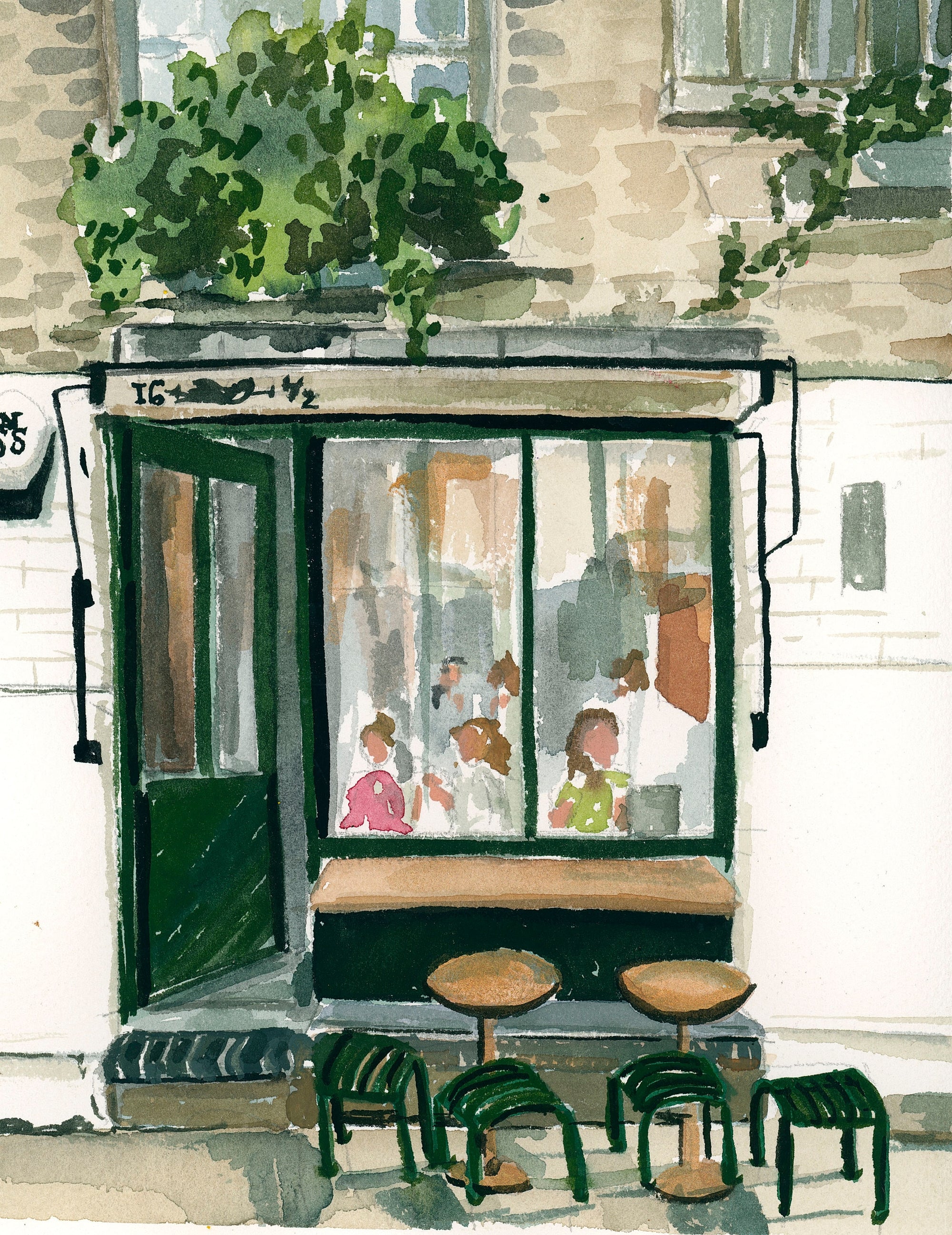 London cafe print of painting by Medjool Studio. Print of original gouache painting of a coffee shop in London, England full of customers and two small tables with stools out front.