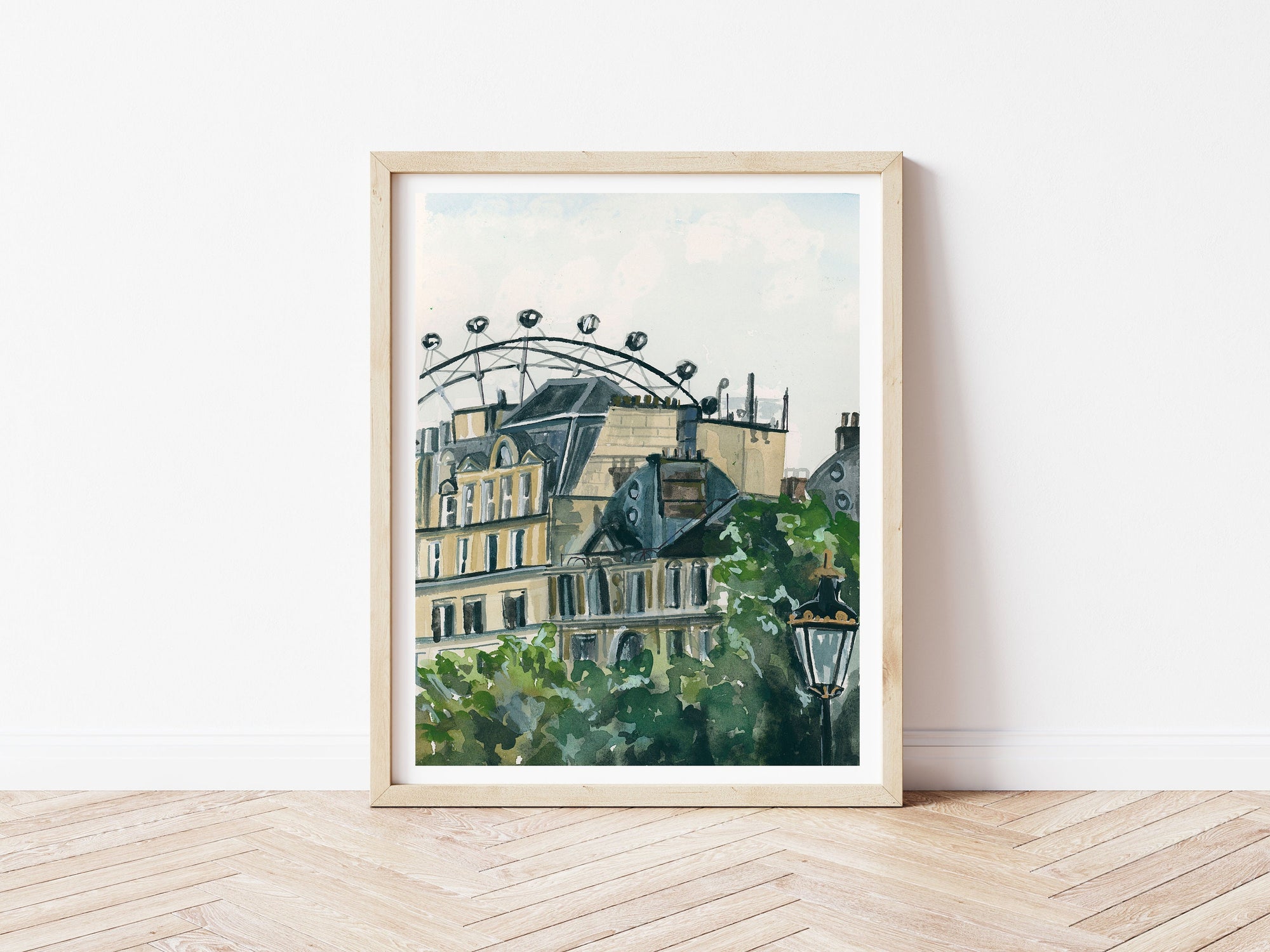 London skyline print of painting by Medjool Studio. Print of original gouache painting of the London skyline, including the London eye and traditional British style buildings.