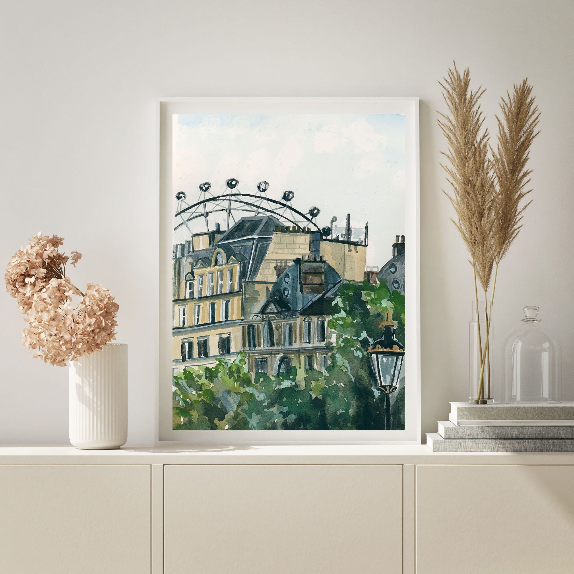 London skyline print of painting by Medjool Studio. Print of original gouache painting of the London skyline, including the London eye and traditional British style buildings.