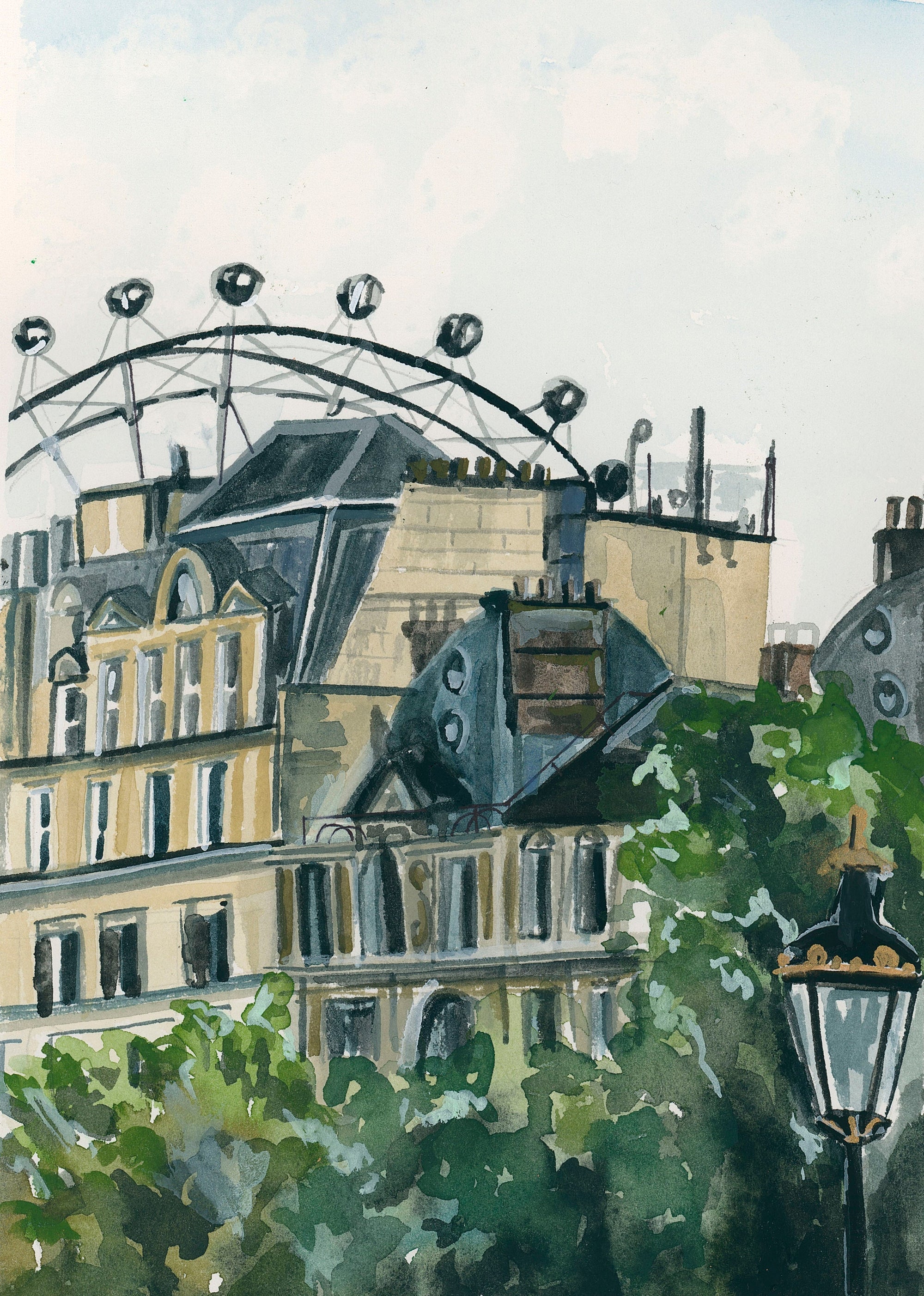 London skyline print of painting by Medjool Studio. Print of original gouache painting of the London skyline, including the London eye and traditional British style buildings.