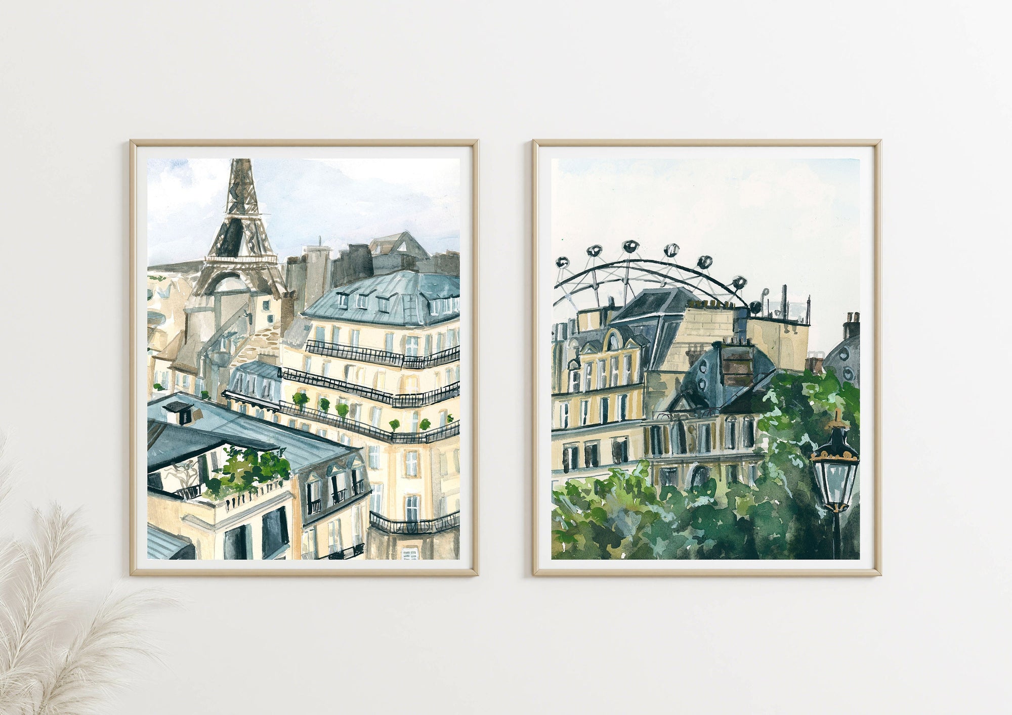 London skyline print of painting by Medjool Studio. Print of original gouache painting of the London skyline, including the London eye and traditional British style buildings.