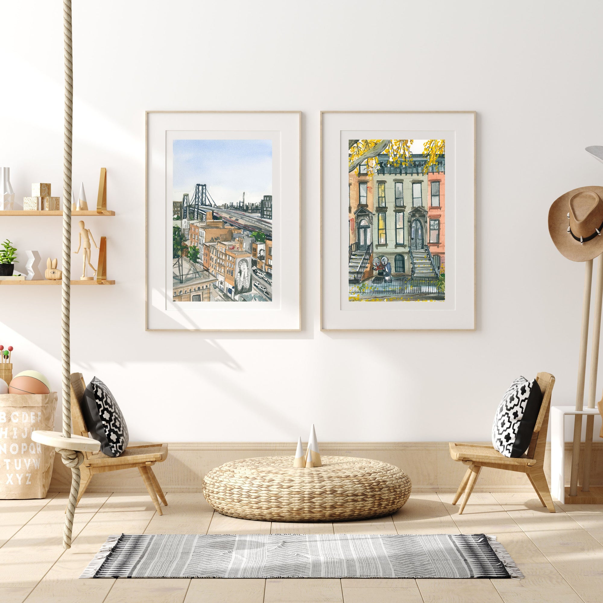 Montreal brownstone print of painting by Medjool Studio. Print of original gouache painting of a brownstone building in Montreal, Canada.