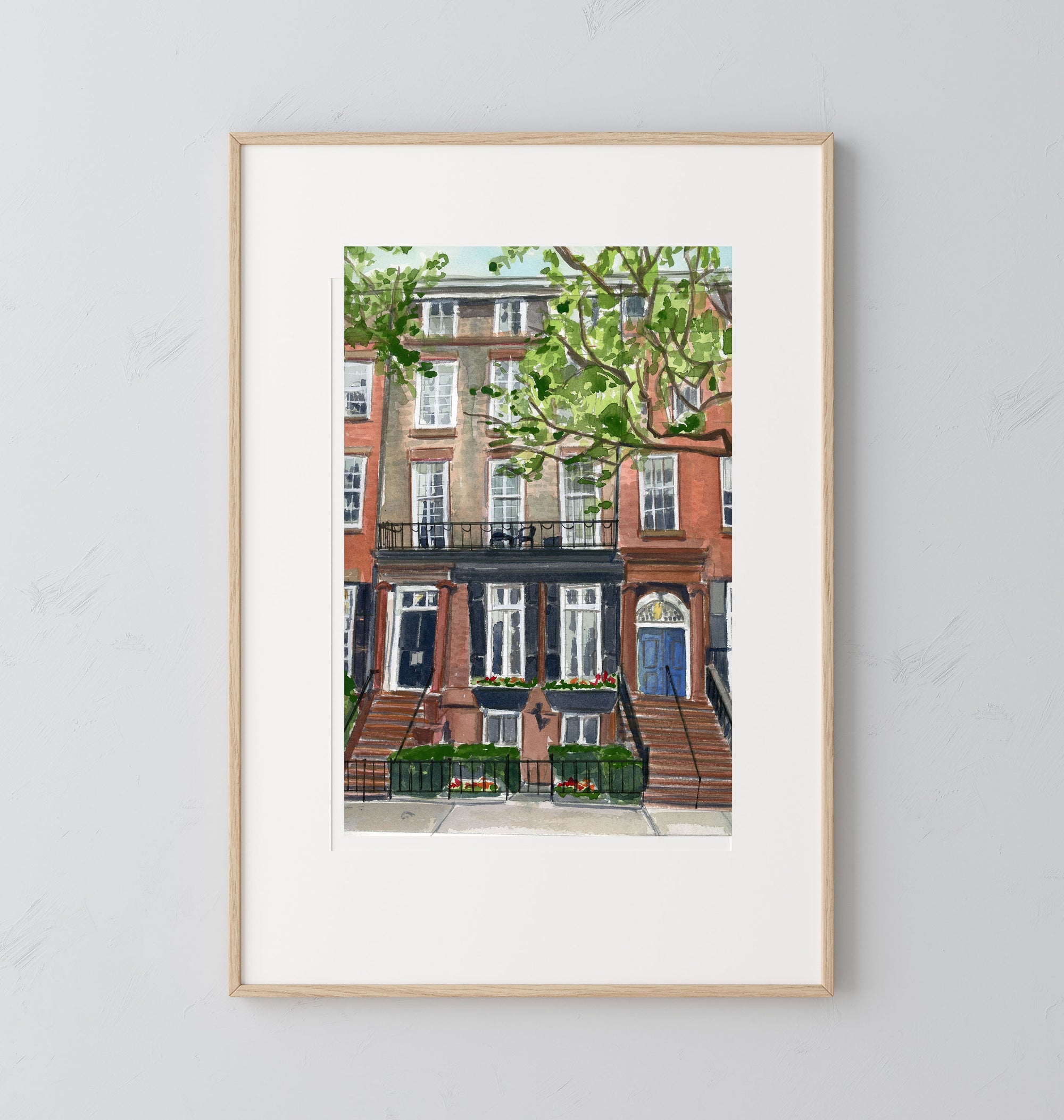 New York city brownstone print of painting by Medjool Studio. Print of original gouache painting of a brownstone house in New York City.