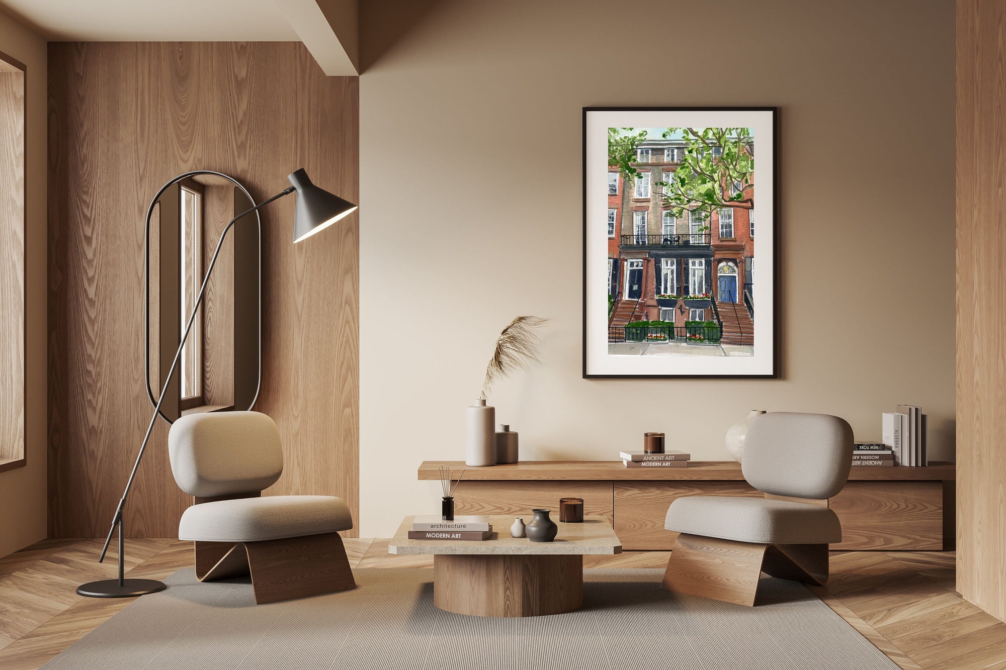 New York city brownstone print of painting by Medjool Studio. Print of original gouache painting of a brownstone house in New York City.