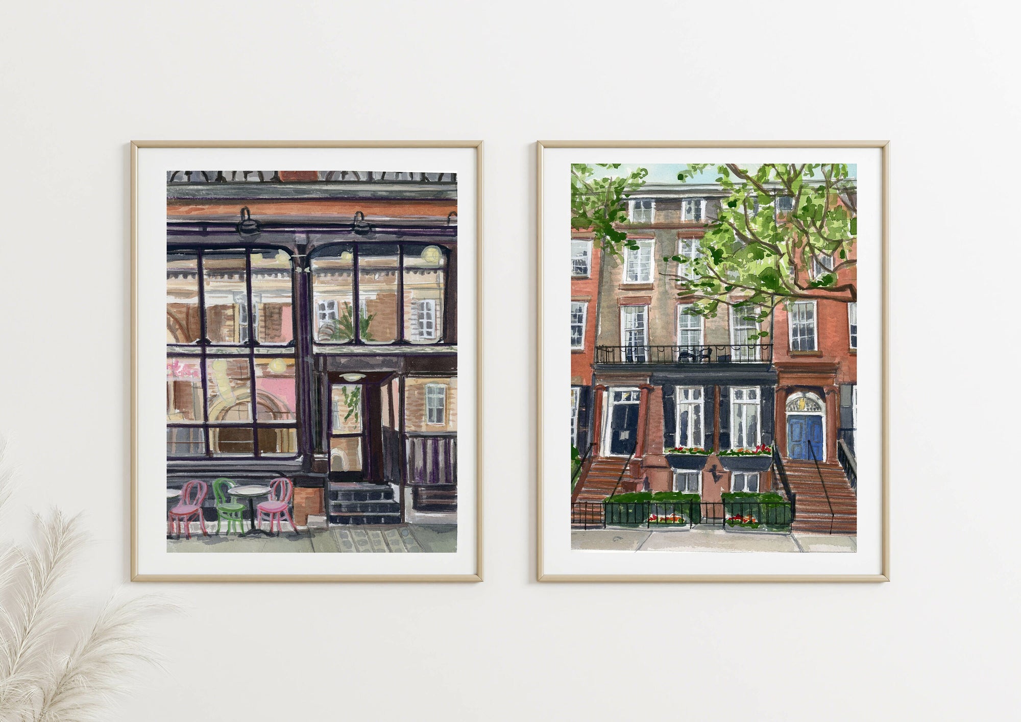 New York city brownstone print of painting by Medjool Studio. Print of original gouache painting of a brownstone house in New York City.