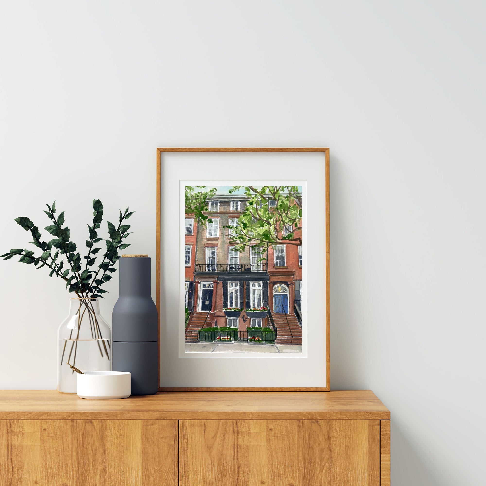 New York city brownstone print of painting by Medjool Studio. Print of original gouache painting of a brownstone house in New York City.