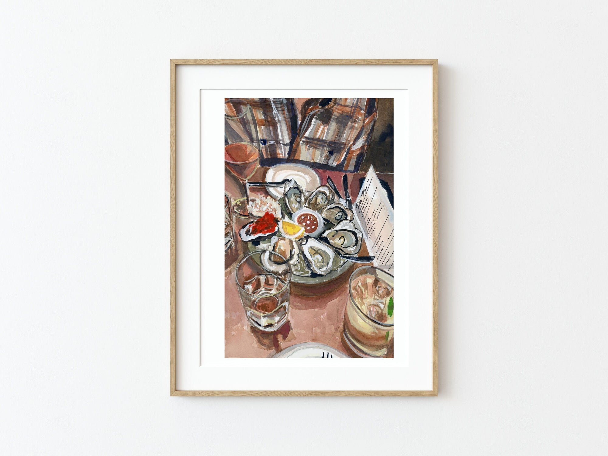 Oyster date night print of painting by Medjool Studio. Print of original gouache painting of a "date night" including oysters and drinks at Bar Raval in Toronto, Canada. 