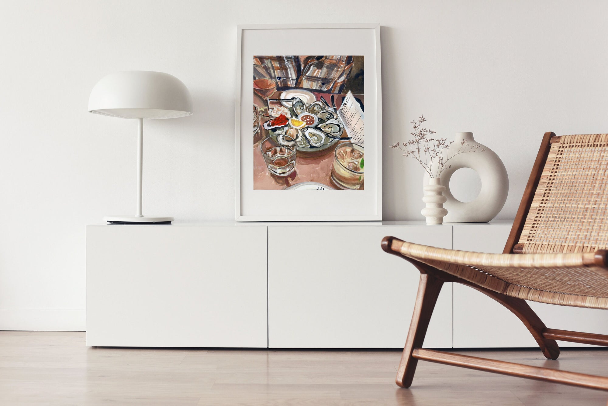 Oyster date night print of painting by Medjool Studio. Print of original gouache painting of a "date night" including oysters and drinks at Bar Raval in Toronto, Canada. 