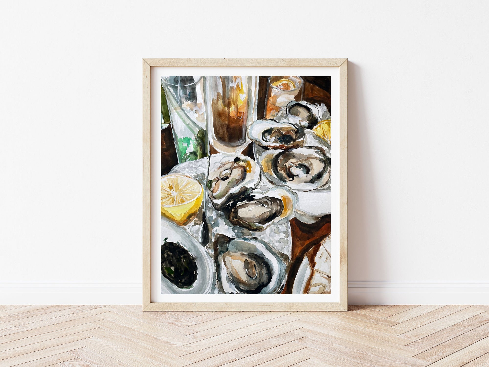 Oyster painting - 416 snack bar print of painting by Medjool Studio. Print of original gouache painting of an oyster meal at 416 Snack Bar in Toronto, Canada.  