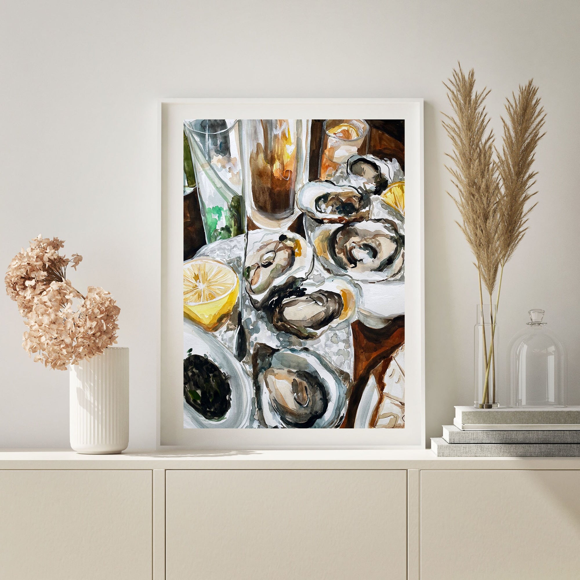 Oyster painting - 416 snack bar print of painting by Medjool Studio. Print of original gouache painting of an oyster meal at 416 Snack Bar in Toronto, Canada.  