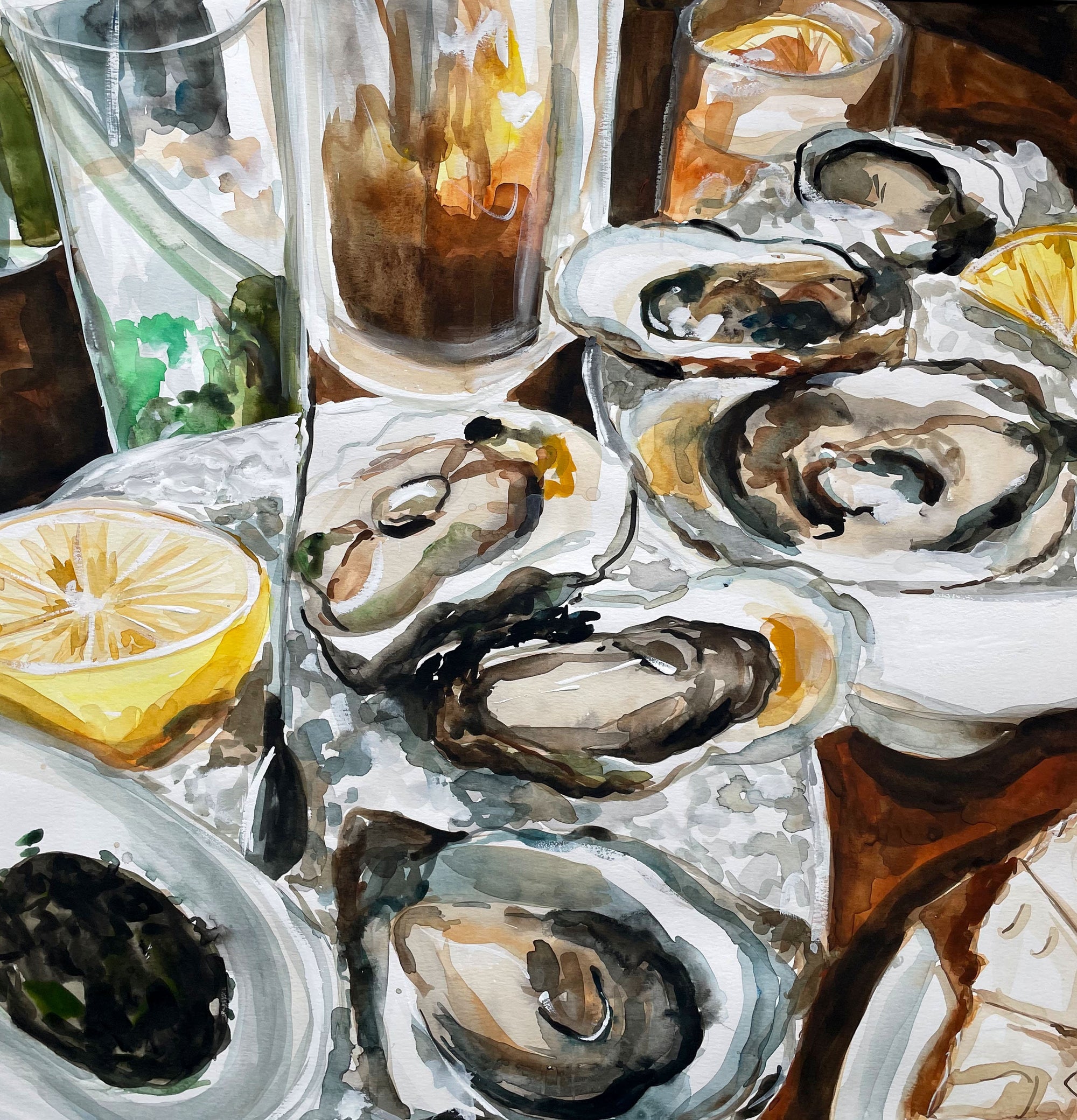 Oyster painting - 416 snack bar print of painting by Medjool Studio. Print of original gouache painting of an oyster meal at 416 Snack Bar in Toronto, Canada.  