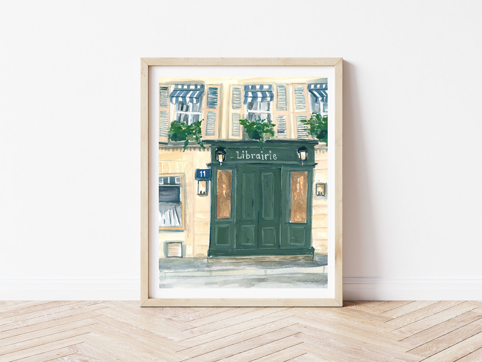 Paris bookstore print of painting by Medjool Studio. Print of original gouache painting of the front doors of a Parisian bookstore.