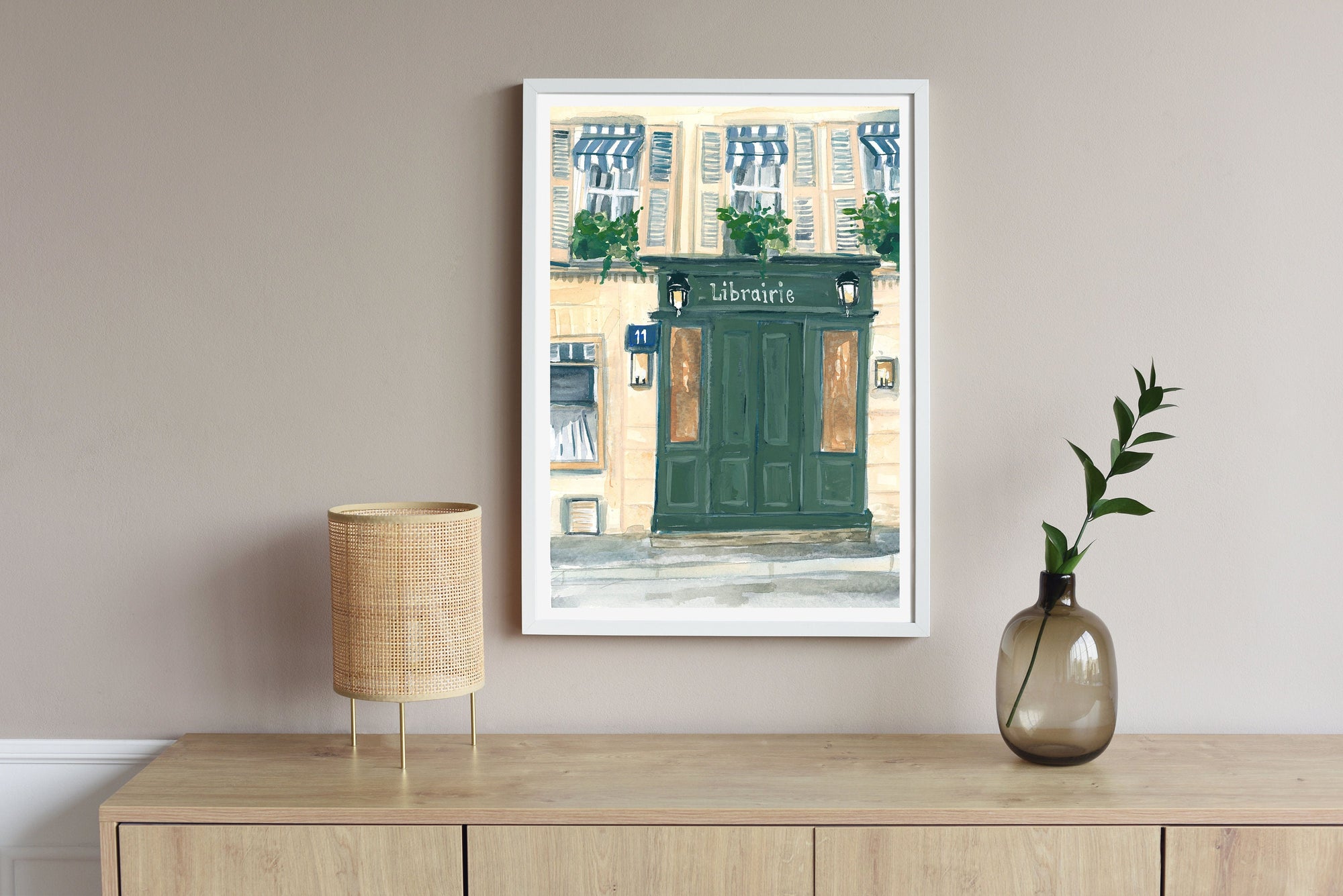 Paris bookstore print of painting by Medjool Studio. Print of original gouache painting of the front doors of a Parisian bookstore.