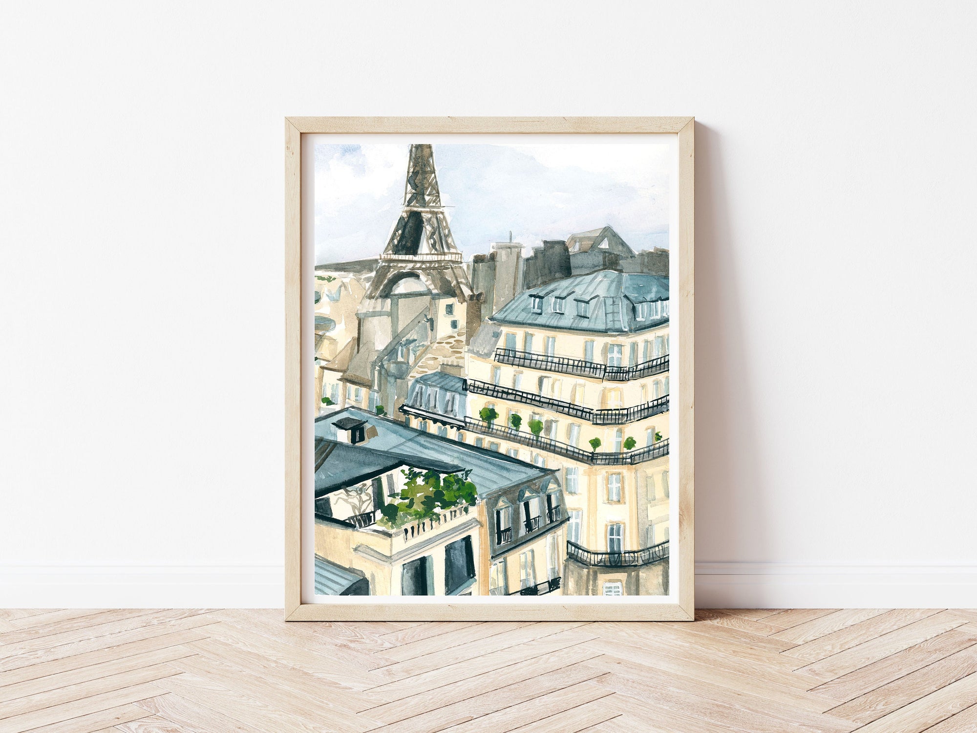 Parisian buildings and Eiffel tower print of painting by Medjool Studio. Print of original gouache painting based on the artist's own travels to Europe detailing historic architecture and the Eiffel tower.