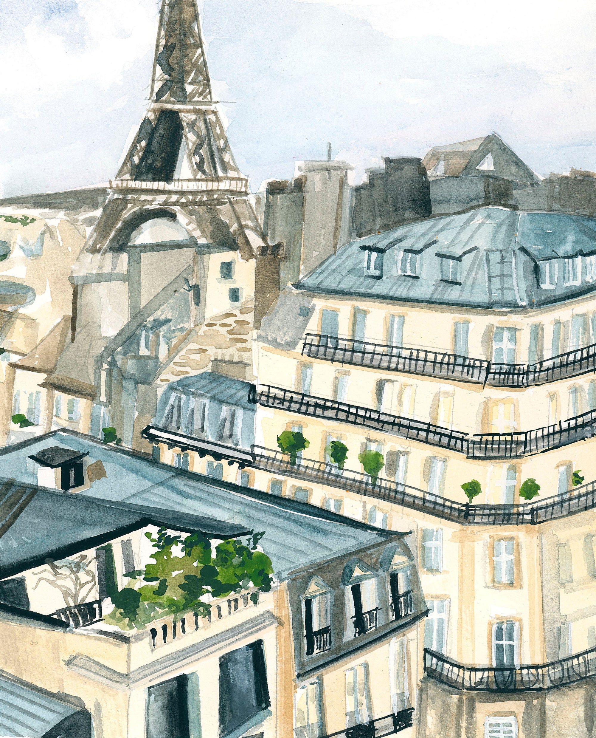 Parisian buildings and Eiffel tower print of painting by Medjool Studio. Print of original gouache painting based on the artist's own travels to Europe detailing historic architecture and the Eiffel tower.