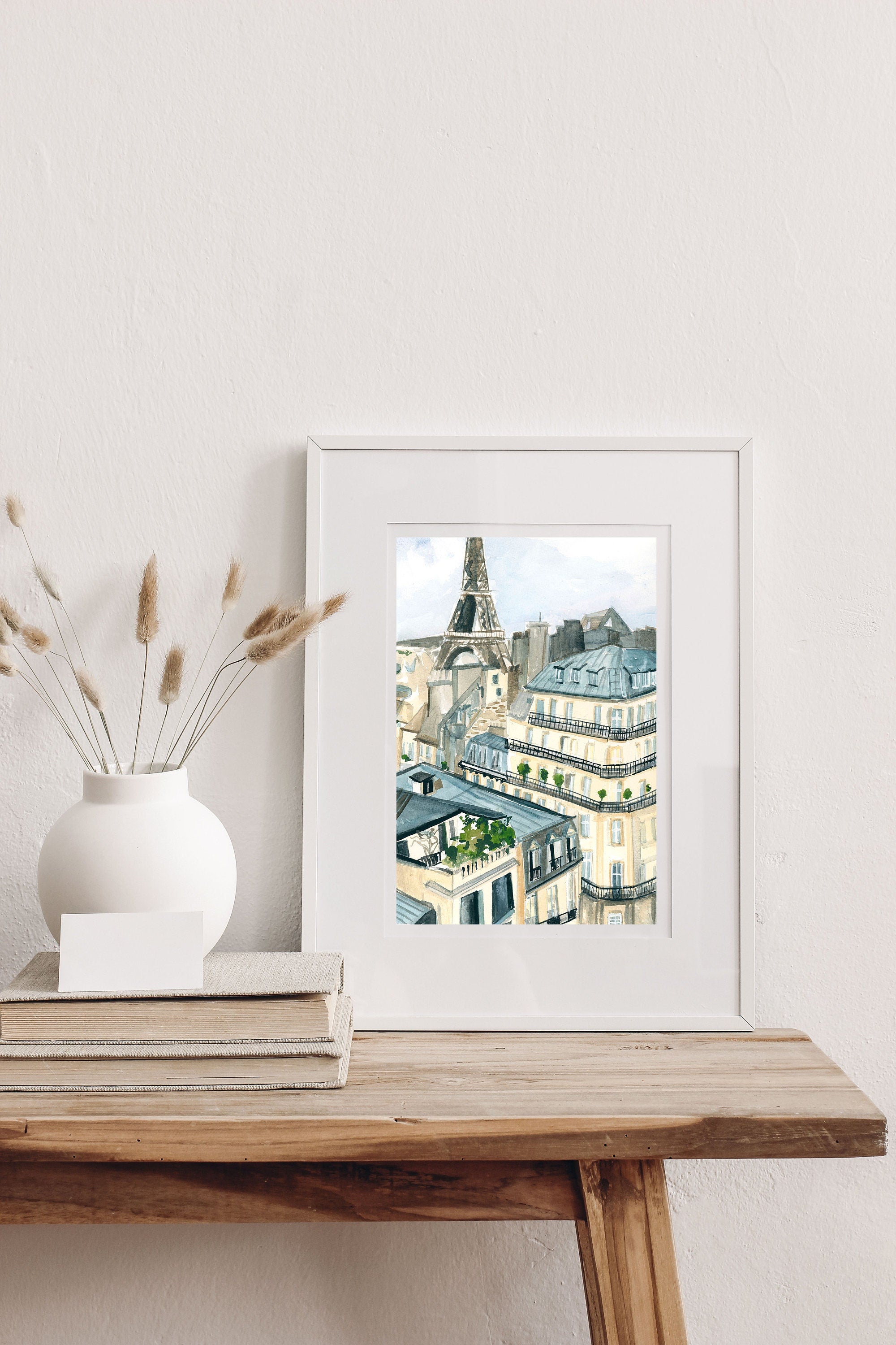 Parisian buildings and Eiffel tower print of painting by Medjool Studio. Print of original gouache painting based on the artist's own travels to Europe detailing historic architecture and the Eiffel tower.